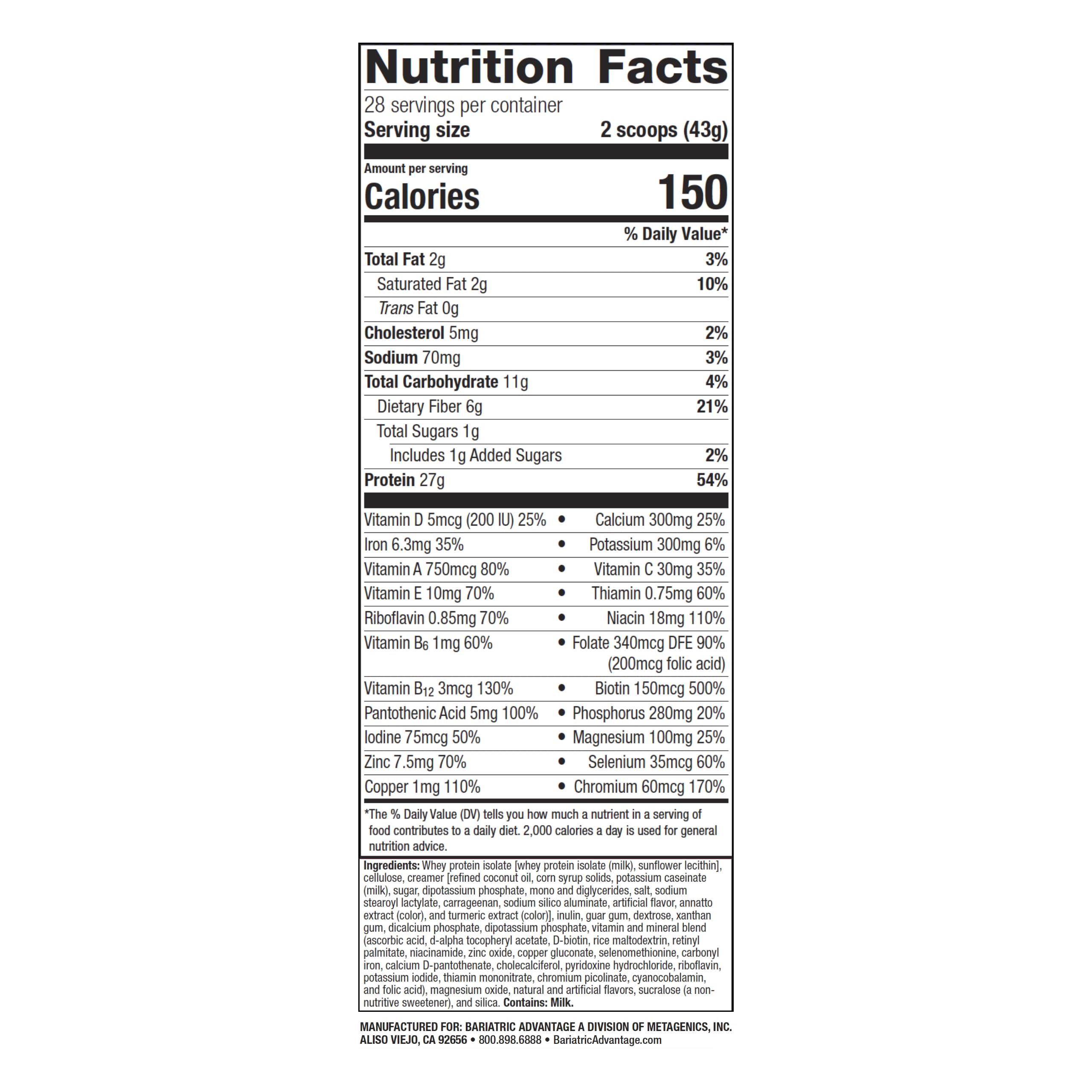 Bariatric Advantage High Protein Meal Replacement Shake - Whey Protein Isolate Powder for Gastric Bypass & Sleeve Surgery - 27g Protein, Lactose Free, Vanilla Creme Flavor (28 Servings) - Ideal for Post-Bariatric Nutrition & Weight Management Support
