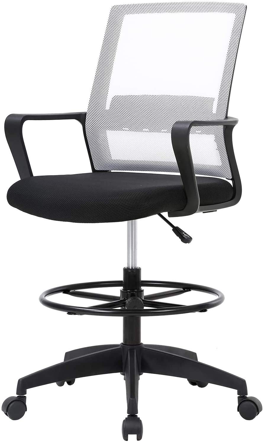 Ergonomic Adjustable Height Drafting Chair for Home Office - Tall Standing Desk Chair with Lumbar Support, Arms & Footrest - Mid Back Mesh Computer Chair with Swivel & Wheels - Perfect for Architects, Designers & Long Work Sessions (White)