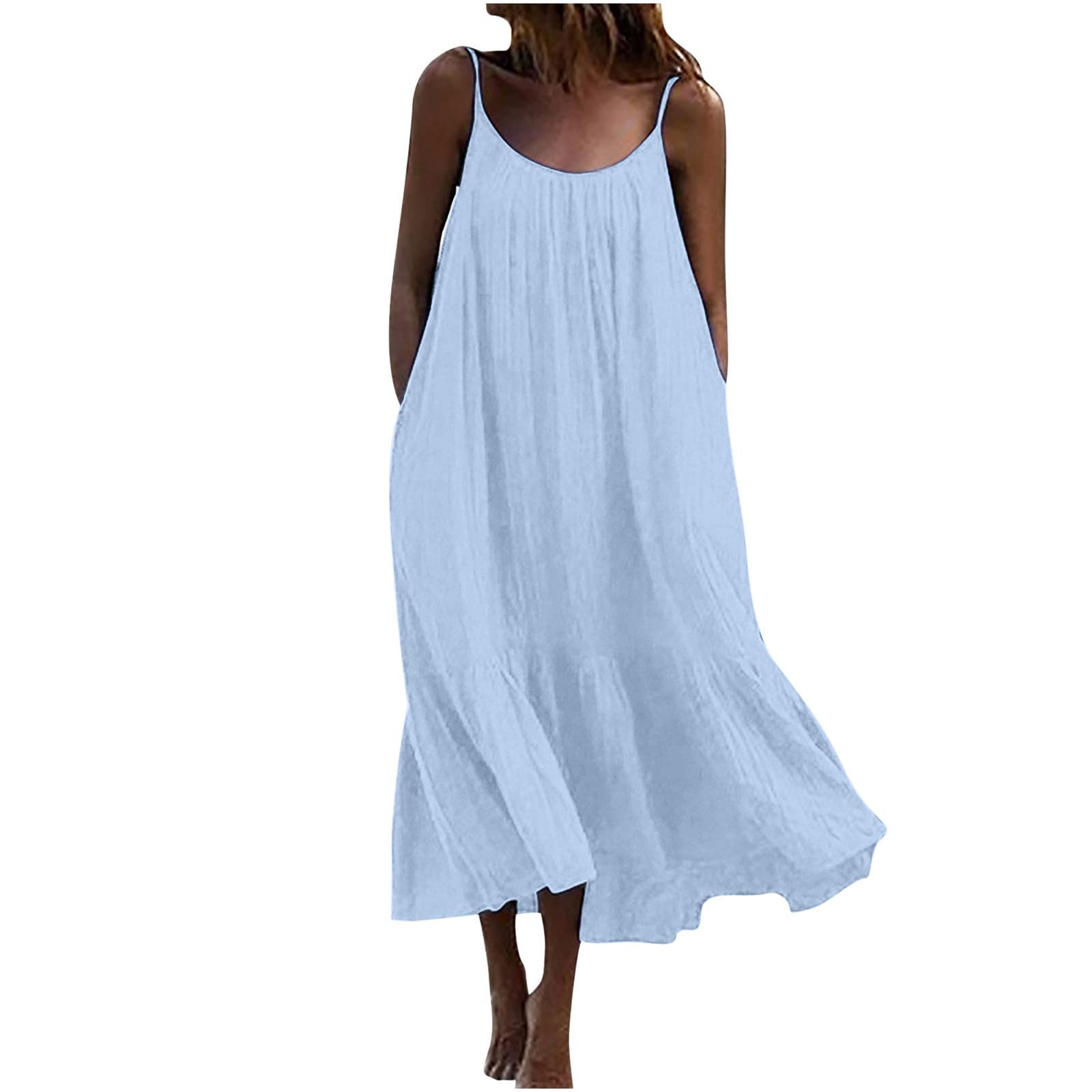 Women's Summer Maxi Dress - Casual Solid Boho Sleeveless Spaghetti Strap Smocked Tiered Long Beach Sun Dress | Perfect for Beach Vacations, Pool Parties & Summer Outings
