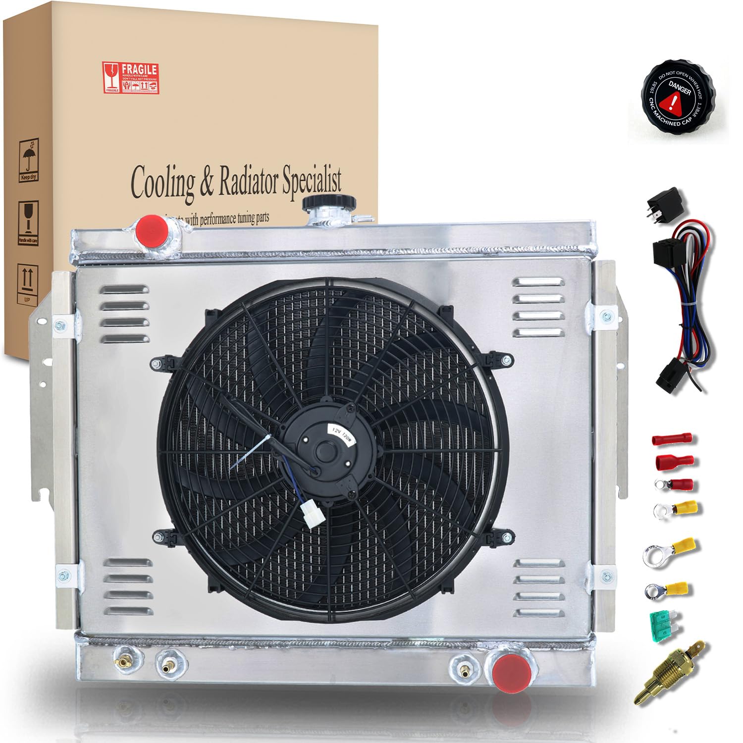 High-Performance 3-Row All-Aluminum Radiator for 1979-1993 Dodge D150 D250 D350 W150 W250 W350 Ramcharger Pickup Trucks 5.2L 5.9L V8 - Includes 1X Shroud Fan & Relay - Perfect for Off-Roading, Towing & Heavy-Duty Use