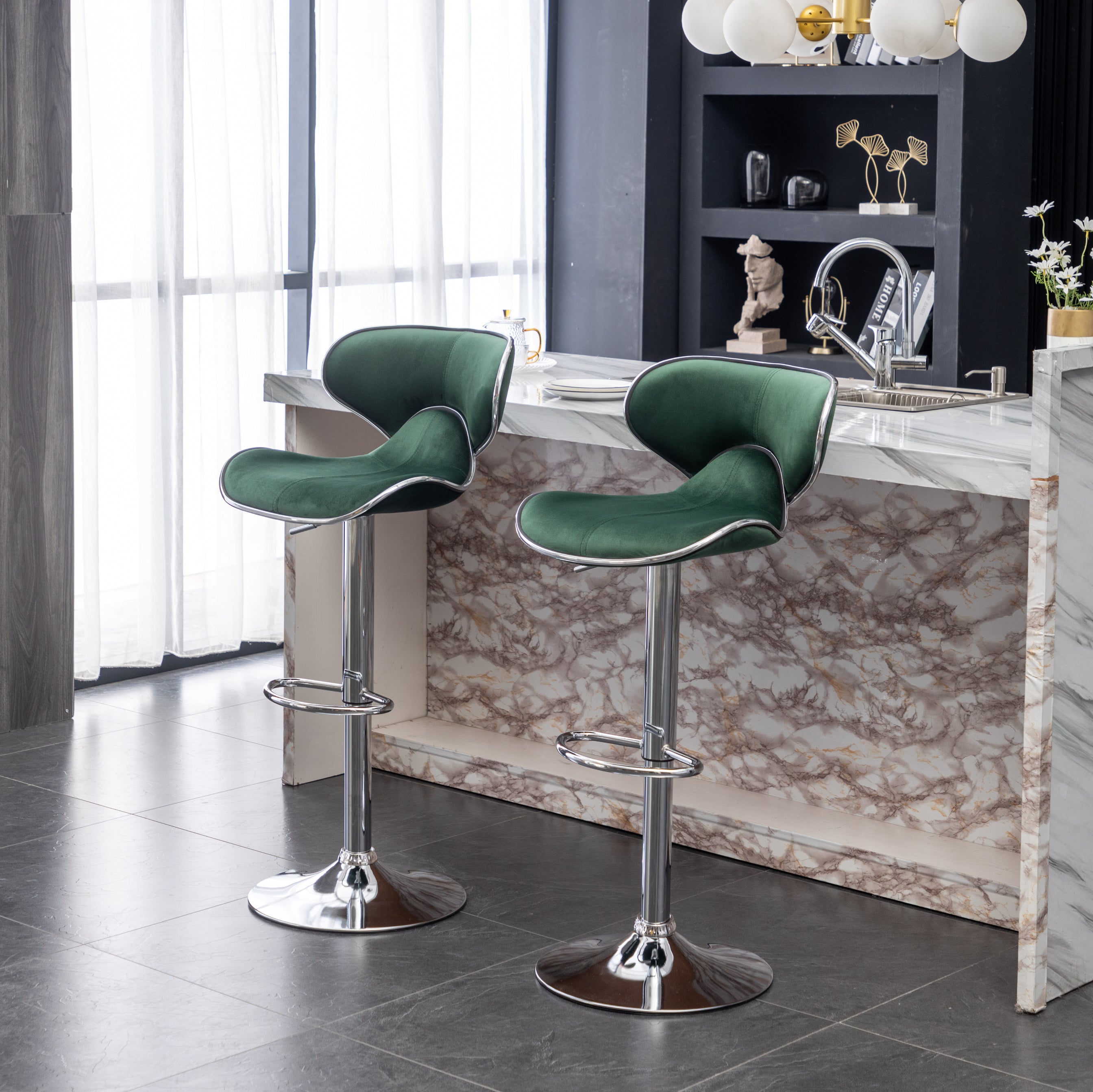 Roundhill Furniture Masaccio Velvet Adjustable Swivel Bar Stool - Set of 2, Green Upholstered Counter Height Stools for Kitchen Island, Bar & Breakfast Nook