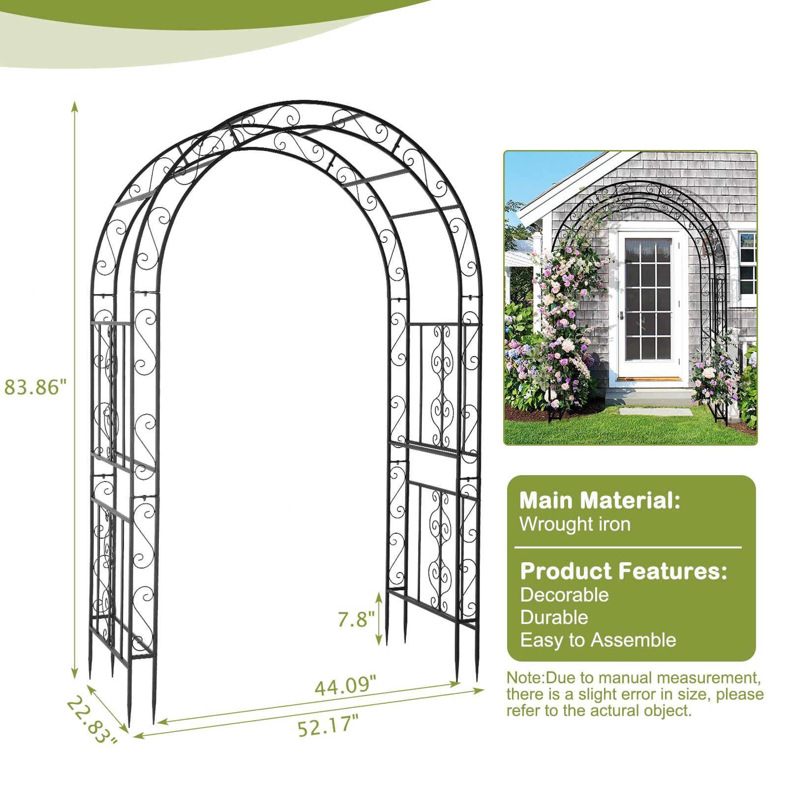 Outvita 7FT Heavy Duty Metal Garden Arch Arbor - Black Decorative Trellis with 7 Inch Ground Stakes for Climbing Roses, Vines & Wedding Decor | Perfect for Courtyard, Patio, Lawn & Outdoor Ceremonies