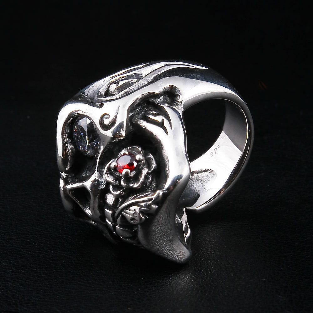 Rose Bite Skull Sterling Silver Biker Ring for Men & Women - Gothic Punk Jewelry for Motorcycle Riders, Rock Music Fans & Alternative Fashion Lovers