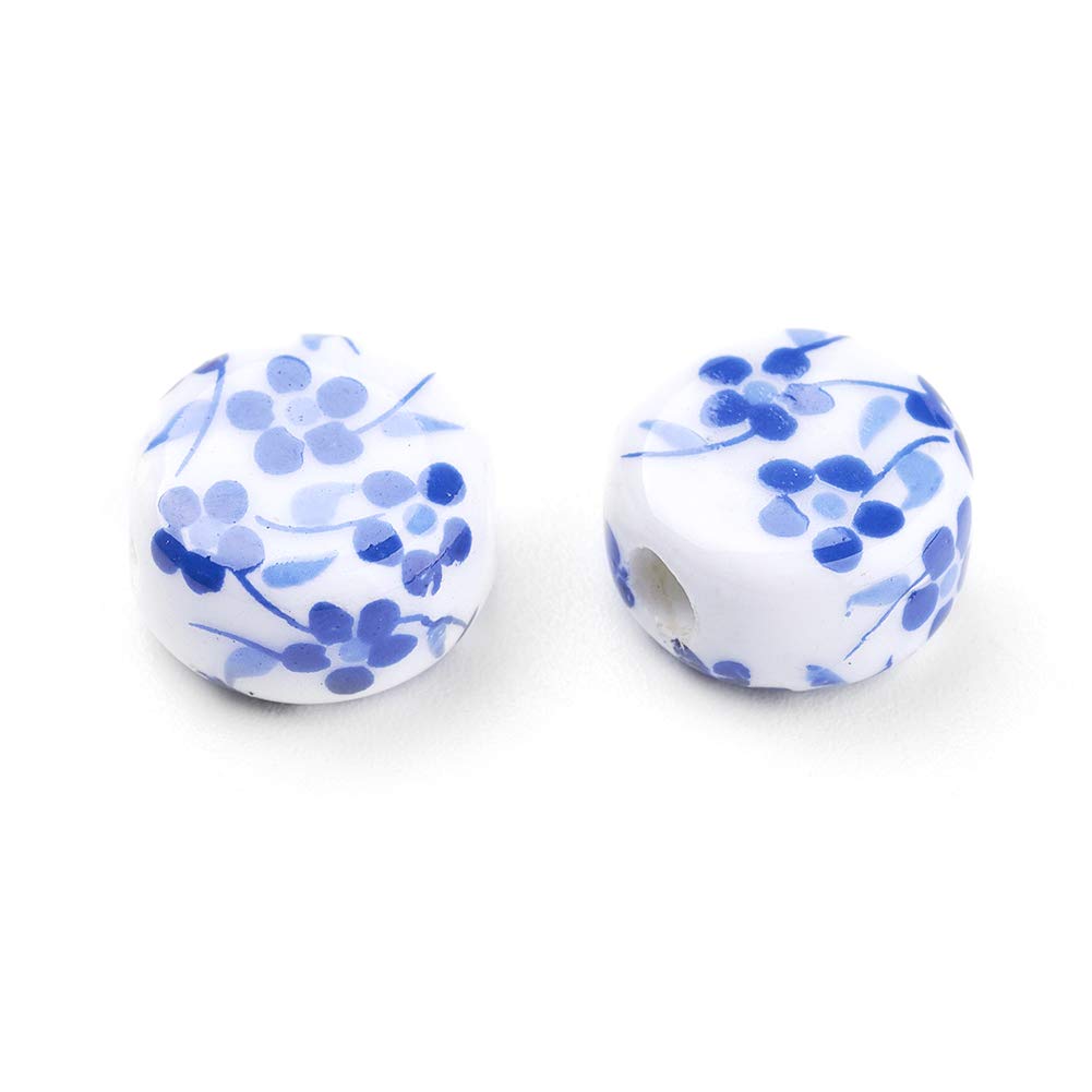 20pcs Handmade Blue Porcelain Plum Flower Beads 12x7mm Flat Round Ceramic Beads for DIY Bracelet Jewelry Making - Perfect for Boho, Vintage & Handmade Jewelry Designs