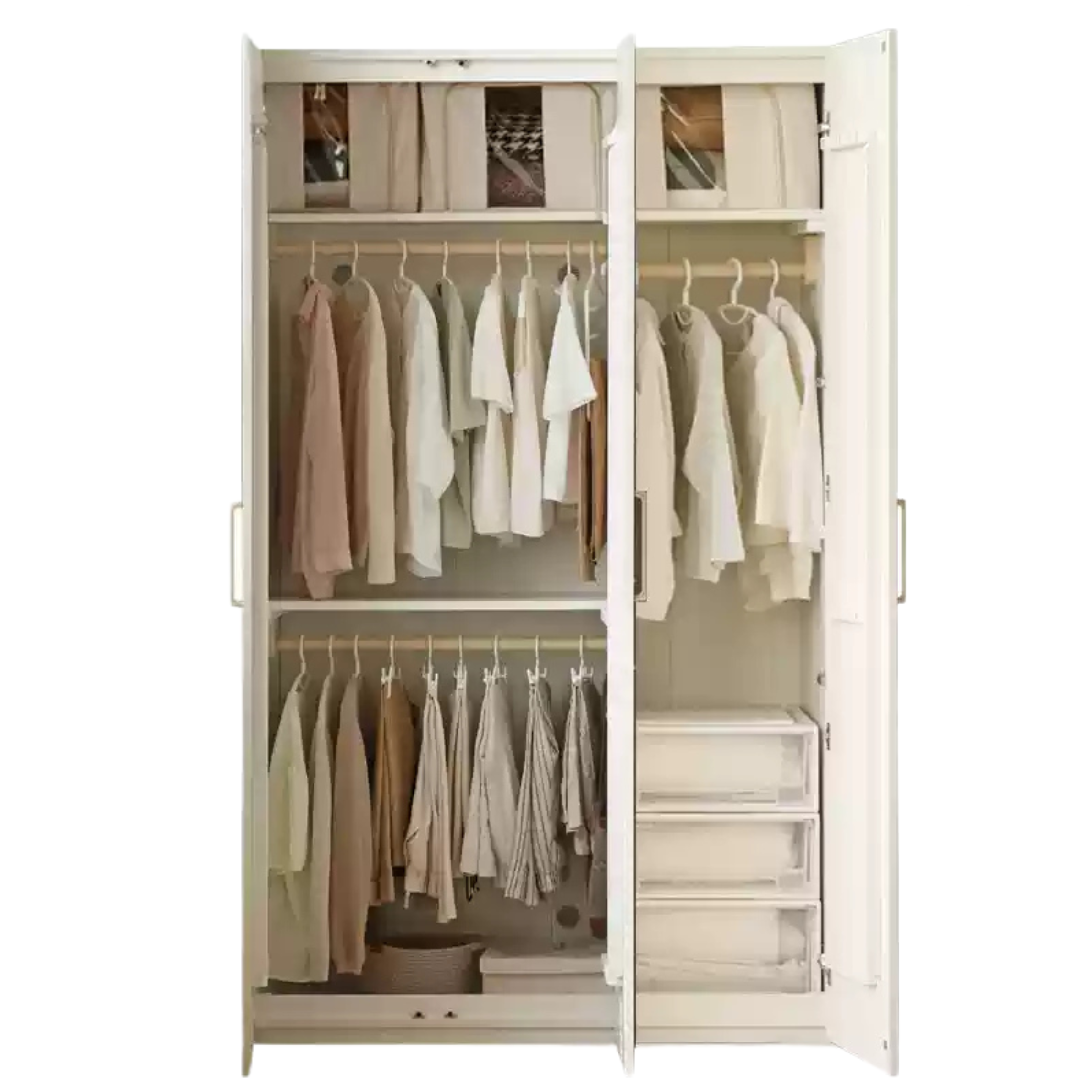 53.2x23.2x86.6 inch / 135x59x220сm / Warm white / 1.35-meter three door wardrobe hanging style