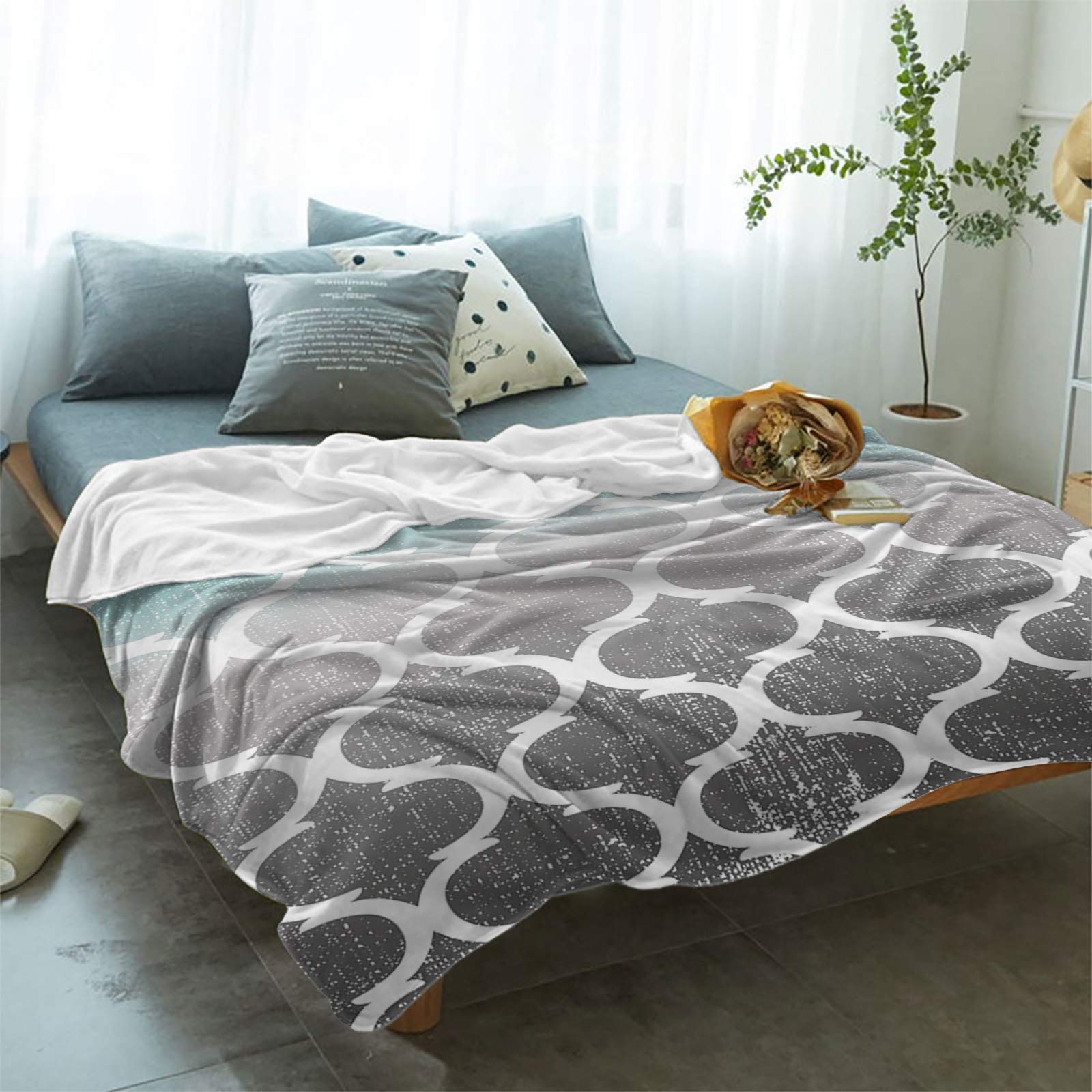 Soft Flannel Fleece Throw Blanket 60x80 Inches - Modern Ombre Turquoise Grey Moroccan Style Decorative Blanket for Bed, Couch, Sofa, Office & Camping - Cozy Abstract Design Home Decor Gift for Winter & Travel Use