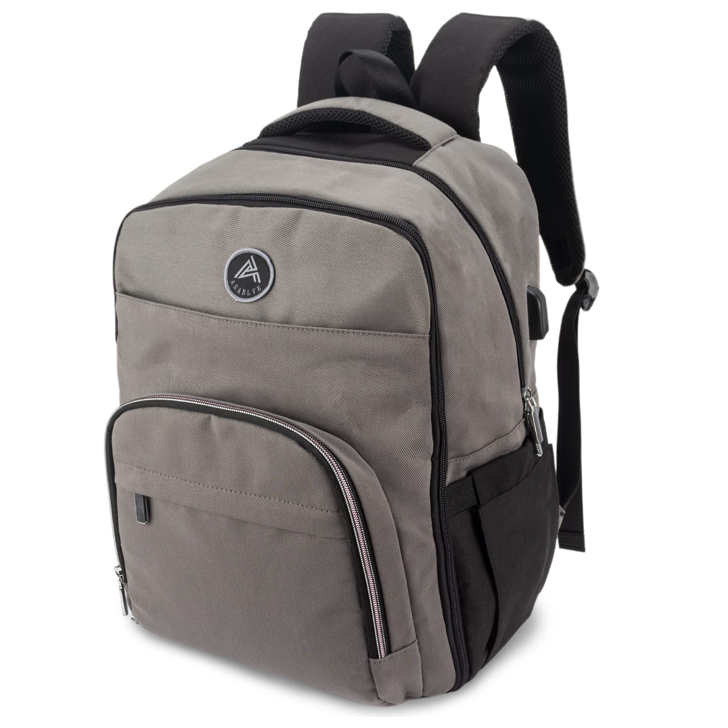Asablve Travel Laptop Backpack with USB Charging Port, Water Resistant Durable Polyester Bag for College, School, Work, and Business Trips, Fits 15.6 Inch Laptop and Notebook (Brown+Black) - Perfect for Commuting, Daily Use, and Weekend Getaways