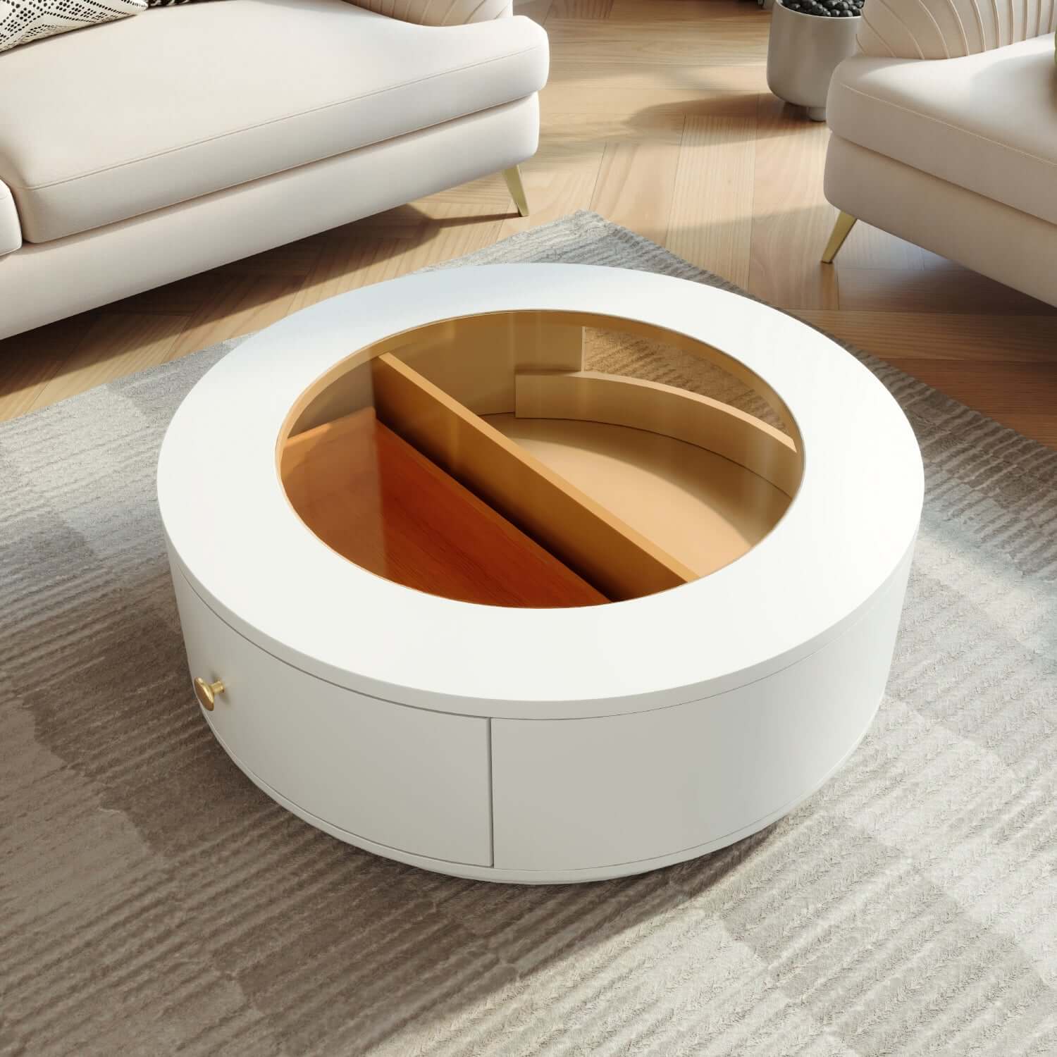 Luxury Modern Glass Top Round Coffee Table with Storage Drawers - Perfect for Living Room, Office & Lounge Decor