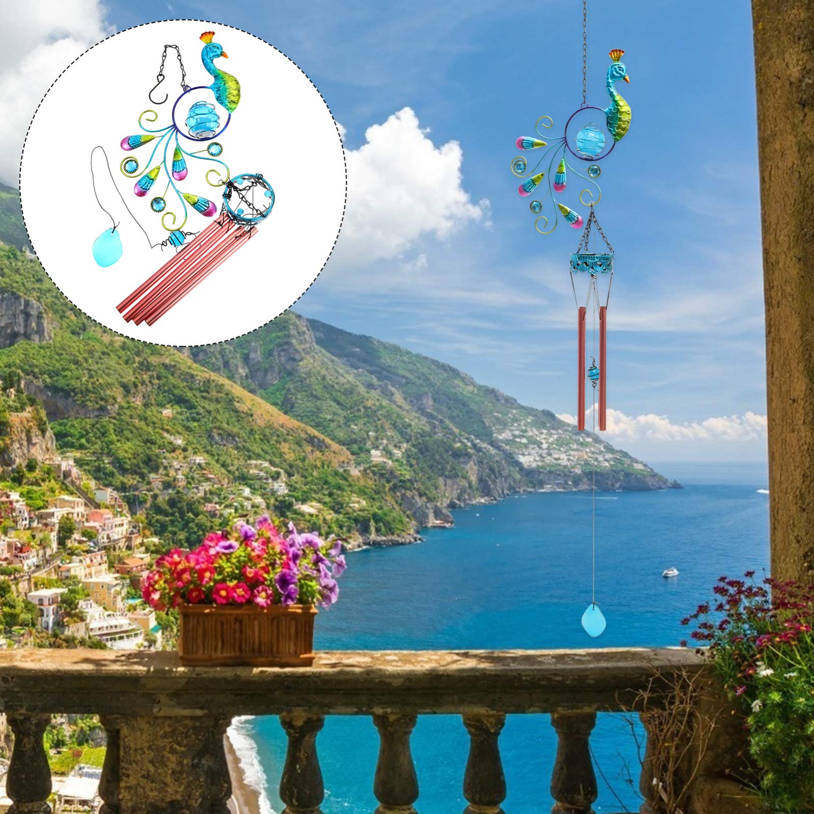 Solar Powered Peacock Wind Chime Lamp - Outdoor Garden Decoration with Ground Plug, Weatherproof LED Light for Patio, Yard & Landscape Lighting | Perfect for Backyard, Pathway & Garden Decor