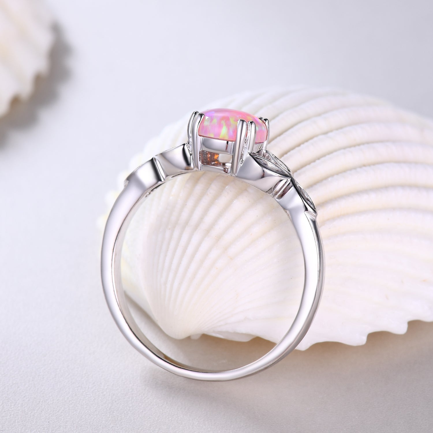 Seven Stones Pink Opal & Marquise Moissanite Engagement Ring in 14K White Gold - Perfect for Proposals, Anniversaries & Bridal Jewelry