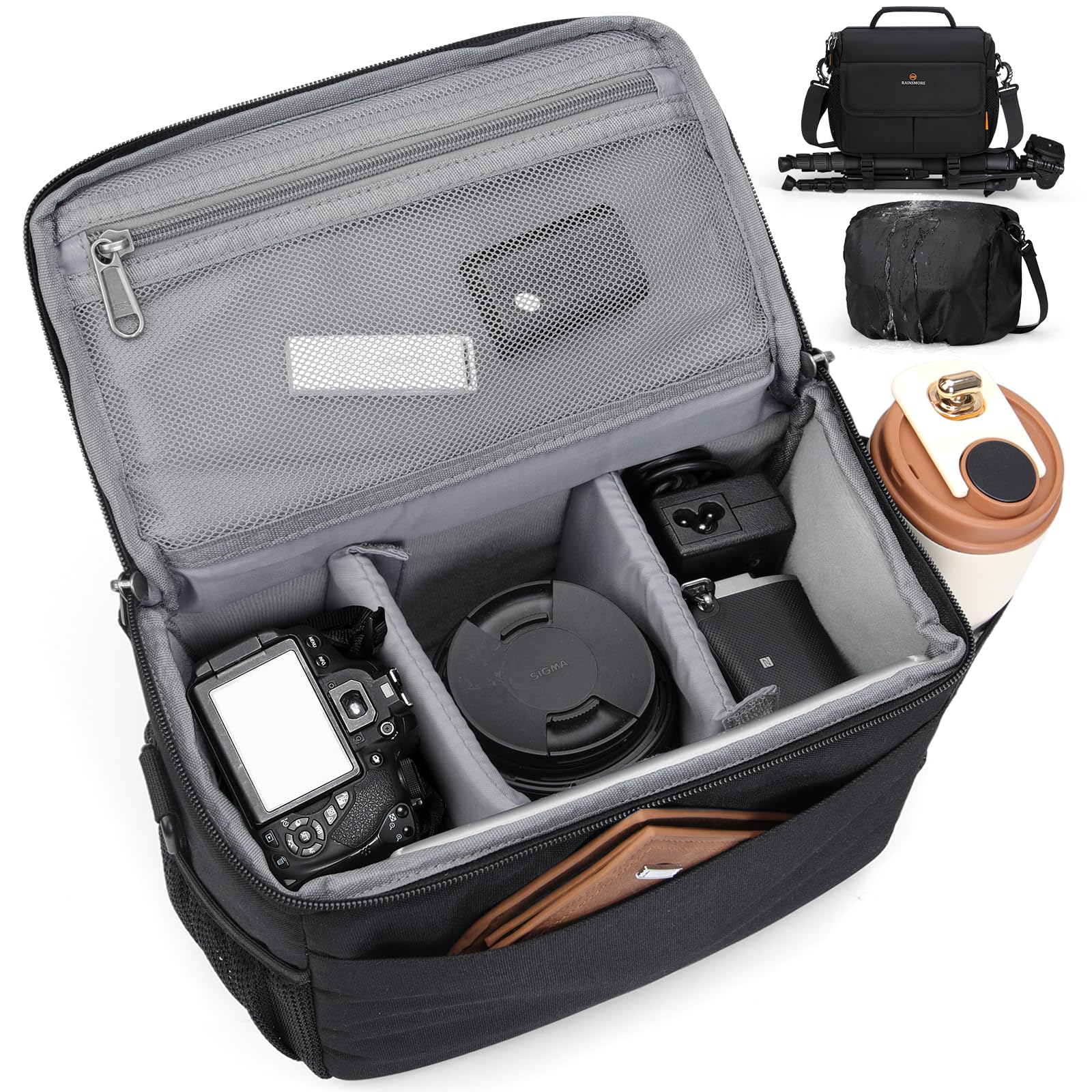 RAINSMORE Waterproof DSLR Camera Sling Bag - Compact Crossbody Shoulder Bag for DSLR/SLR/Mirrorless Cameras with Tripod Holder & Rain Cover (Black) - Perfect for Travel, Hiking & Outdoor Photography