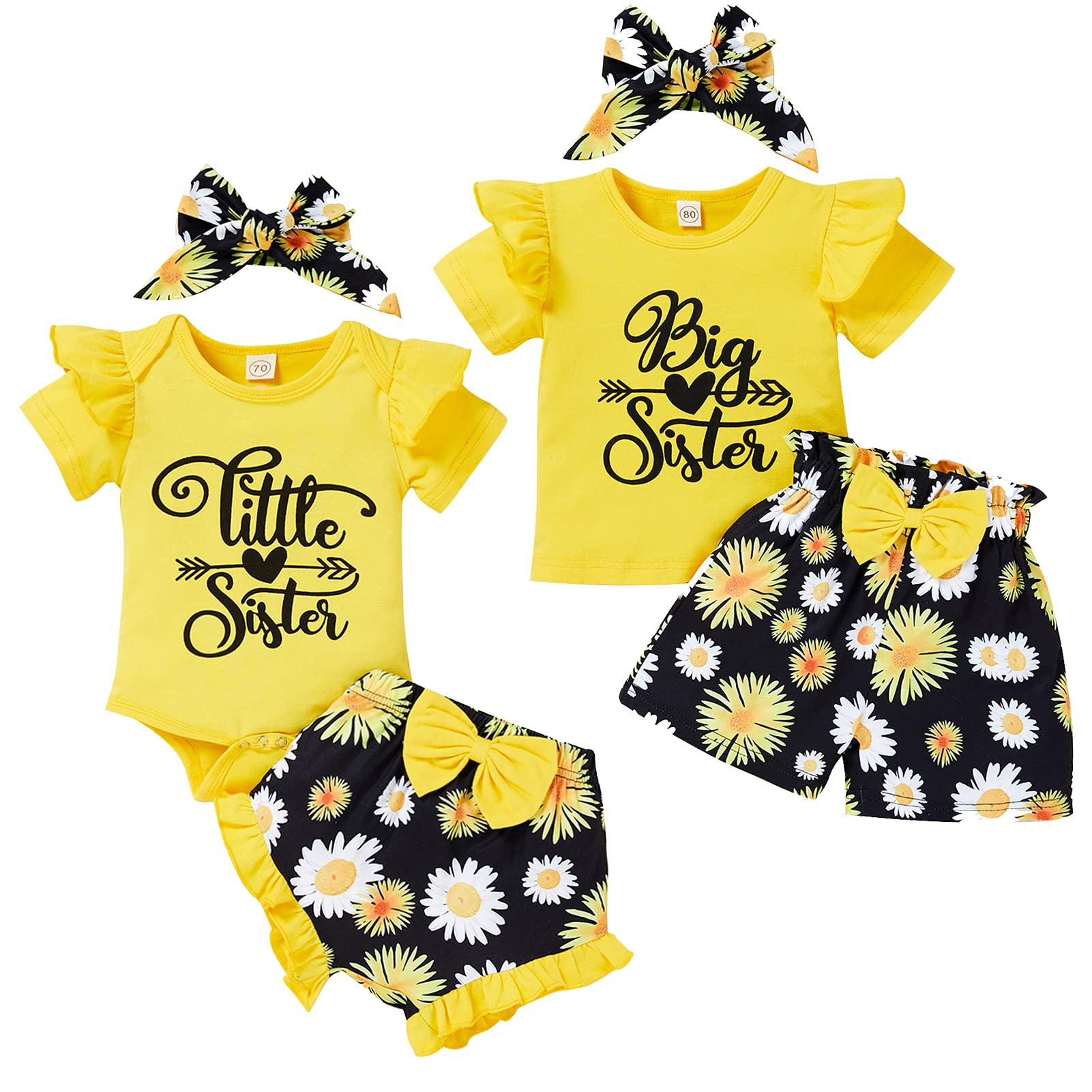 Baby Girl Matching Outfits - Sister Ruffle Romper & Sunflower Shorts Set for Summer Play