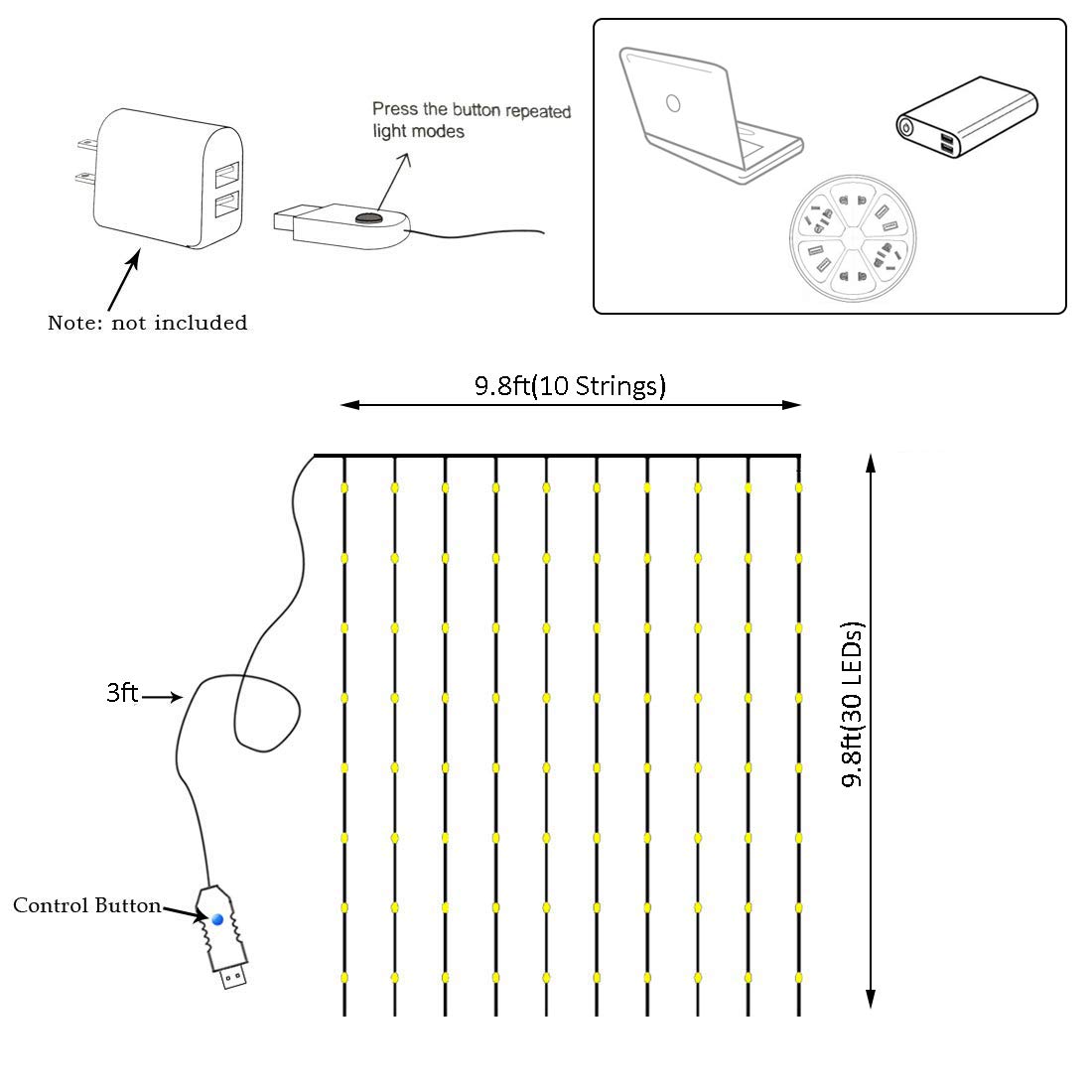 300 LED Curtain String Lights with Remote Control - USB Powered Fairy Lights for Christmas, Bedroom, Home, Xmas Tree & St. Patrick's Day Decor - 8 Lighting Modes, 9.8ft x 9.8ft Green Backdrop Lights - Perfect for Parties, Weddings & Indoor/Outdoor Holiday Decorations