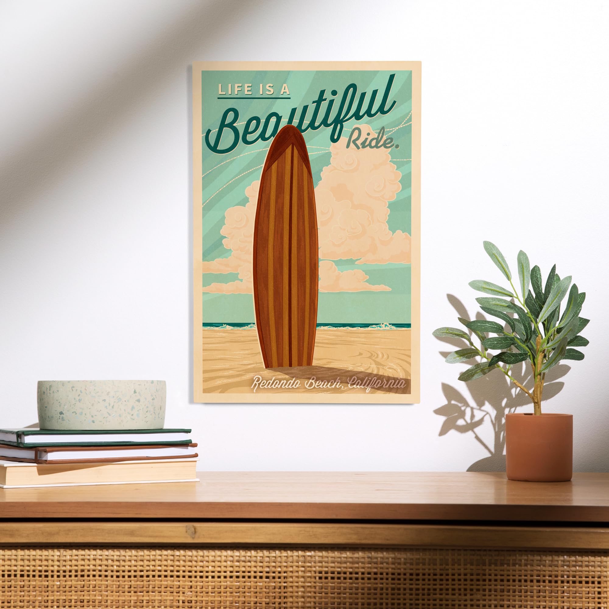 Lantern Press 12x18 Inch Premium Wood Wall Sign - Ready to Hang Coastal Decor with 'Life is a Beautiful Ride' Surfboard Design - Perfect for Beach House, Living Room or Office in Redondo Beach California Style