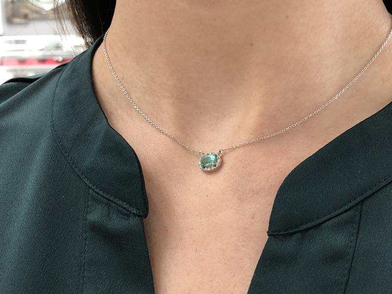 1.10tcw Oval Emerald & Diamond Halo Necklace in 14K Gold - Elegant Jewelry for Women, Perfect for Weddings, Anniversaries & Special Occasions