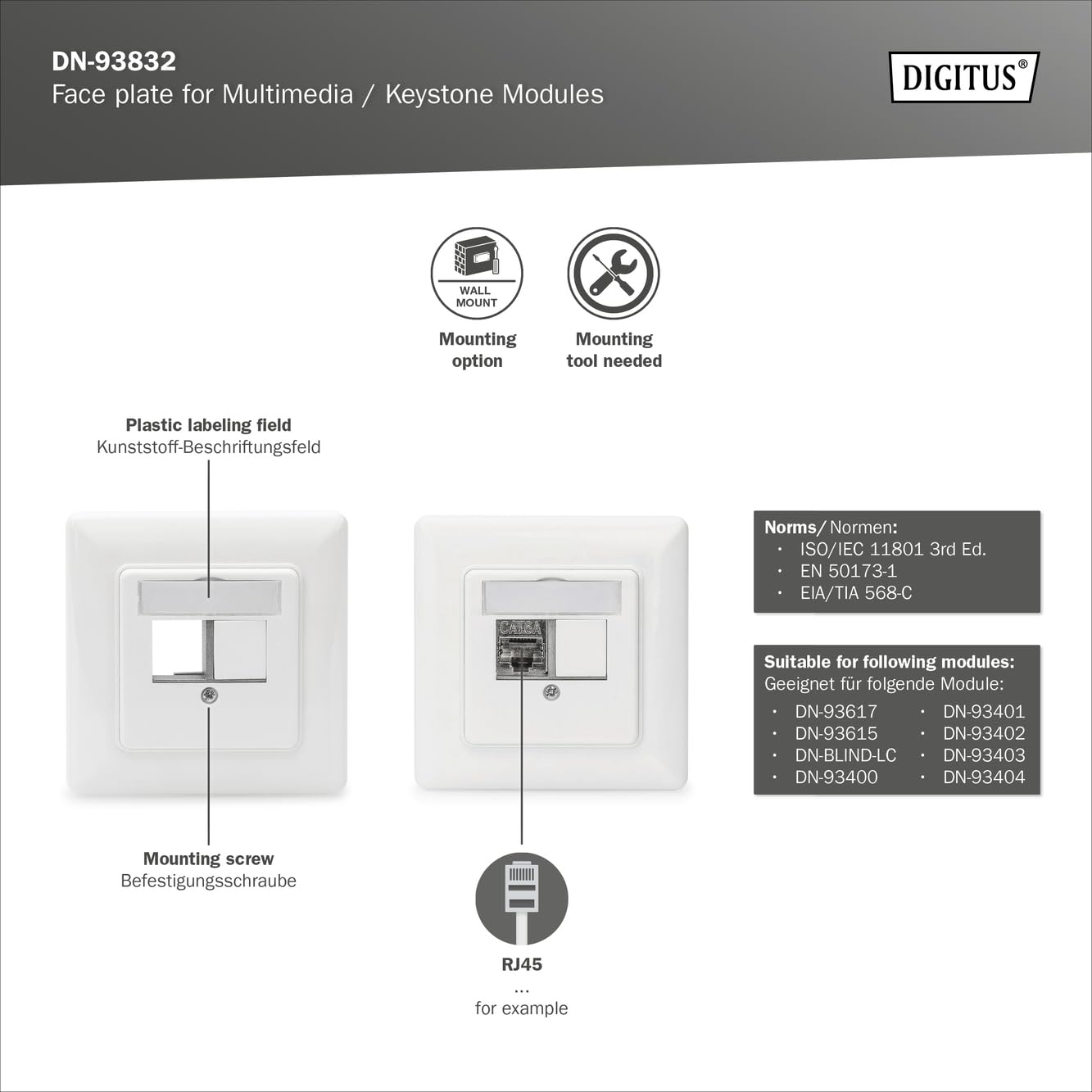 Digitus 2-Port Keystone Module Junction Box - Straight Outlet for Multimedia Modules - White - Ideal for Home & Office Network Setups