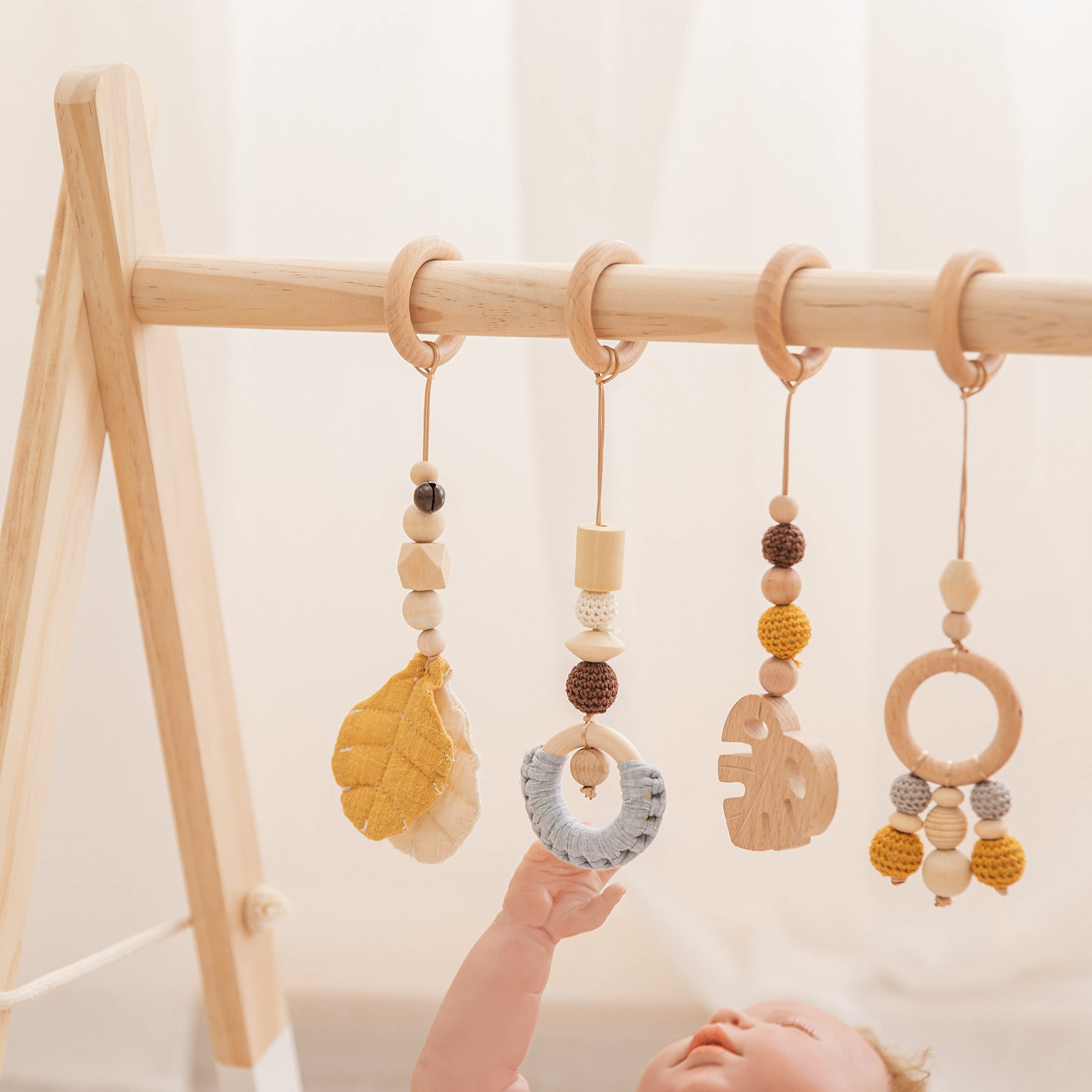 Organic Wooden Baby Play Gym with 4 Hanging Toys - Foldable Activity Center for Newborns & Infants - Montessori Learning Toy for Tummy Time & Sensory Development - Perfect Baby Shower Gift for Nursery or Playroom