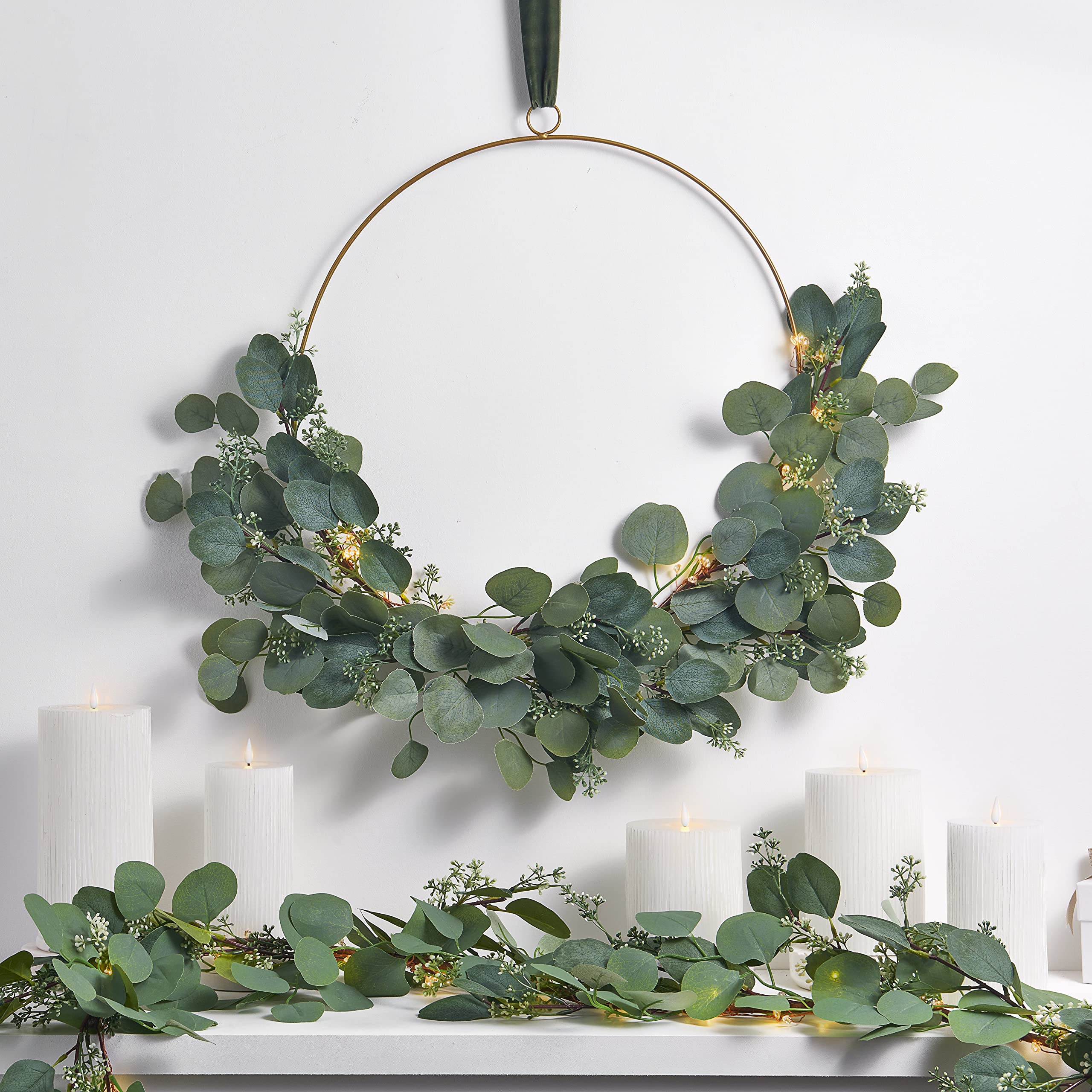 20 Inch LED Eucalyptus Wreath with 48 Warm White Lights - Gold Metal Hoop with Floral Accents & Green Velvet Ribbon - Battery Operated with Timer - Perfect for Front Door, Porch, Mantel & Seasonal Home Decor