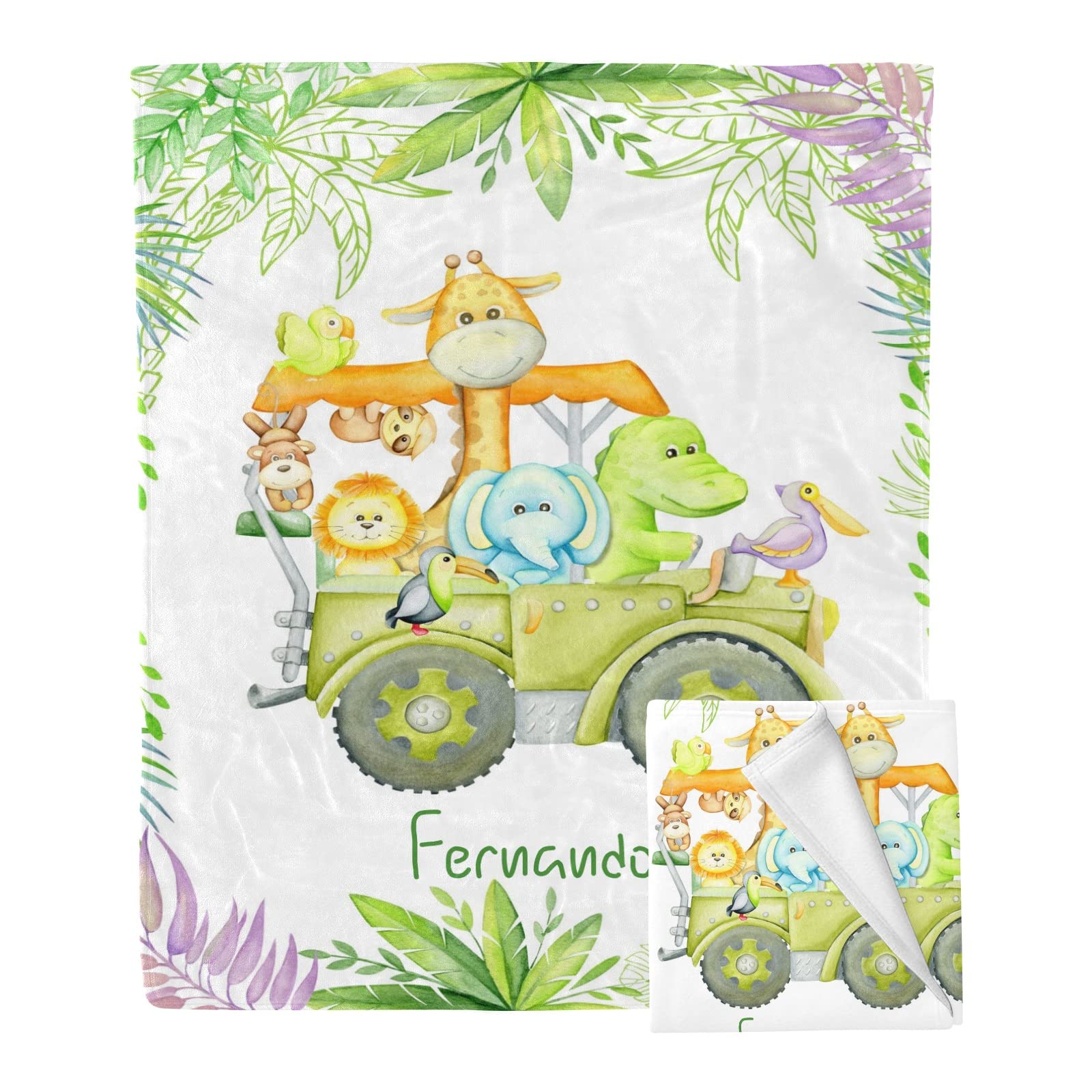 Custom Jungle Leaves Safari Animals Fleece Blanket 50