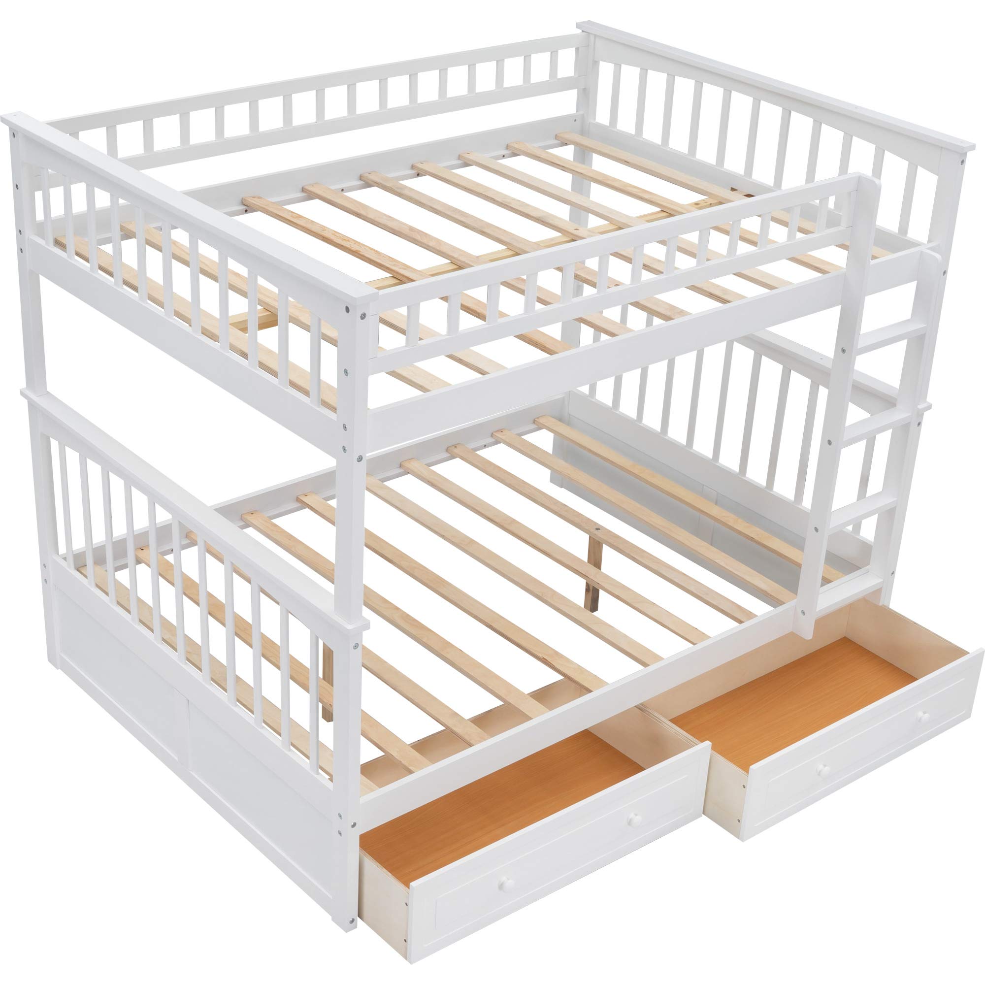 P PURLOVE Full Over Full Bunk Bed with 2 Storage Drawers - Convertible Wooden Bunk Bed Frame for Kids & Teens - Splits into 2 Twin Daybeds - White - Space Saving Bedroom Solution for Small Rooms, Guest Rooms & Kids' Shared Bedrooms