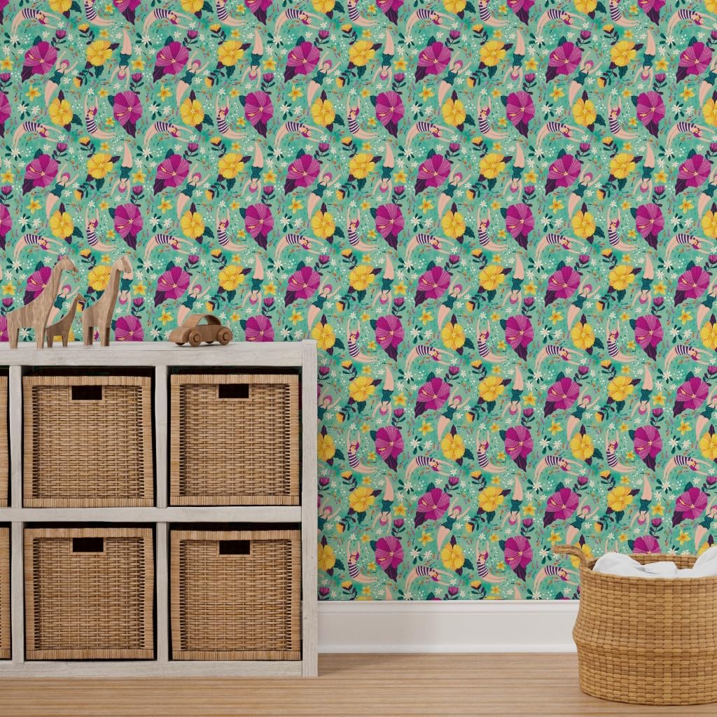 Peel & Stick Removable Wallpaper 9ft x 2ft - Underwater Ocean Theme with Hibiscus Flowers, Bubbles & Sea Animals | Self-Adhesive Custom Wallpaper for Bedroom, Nursery, or Bathroom Decor by Spoonflower