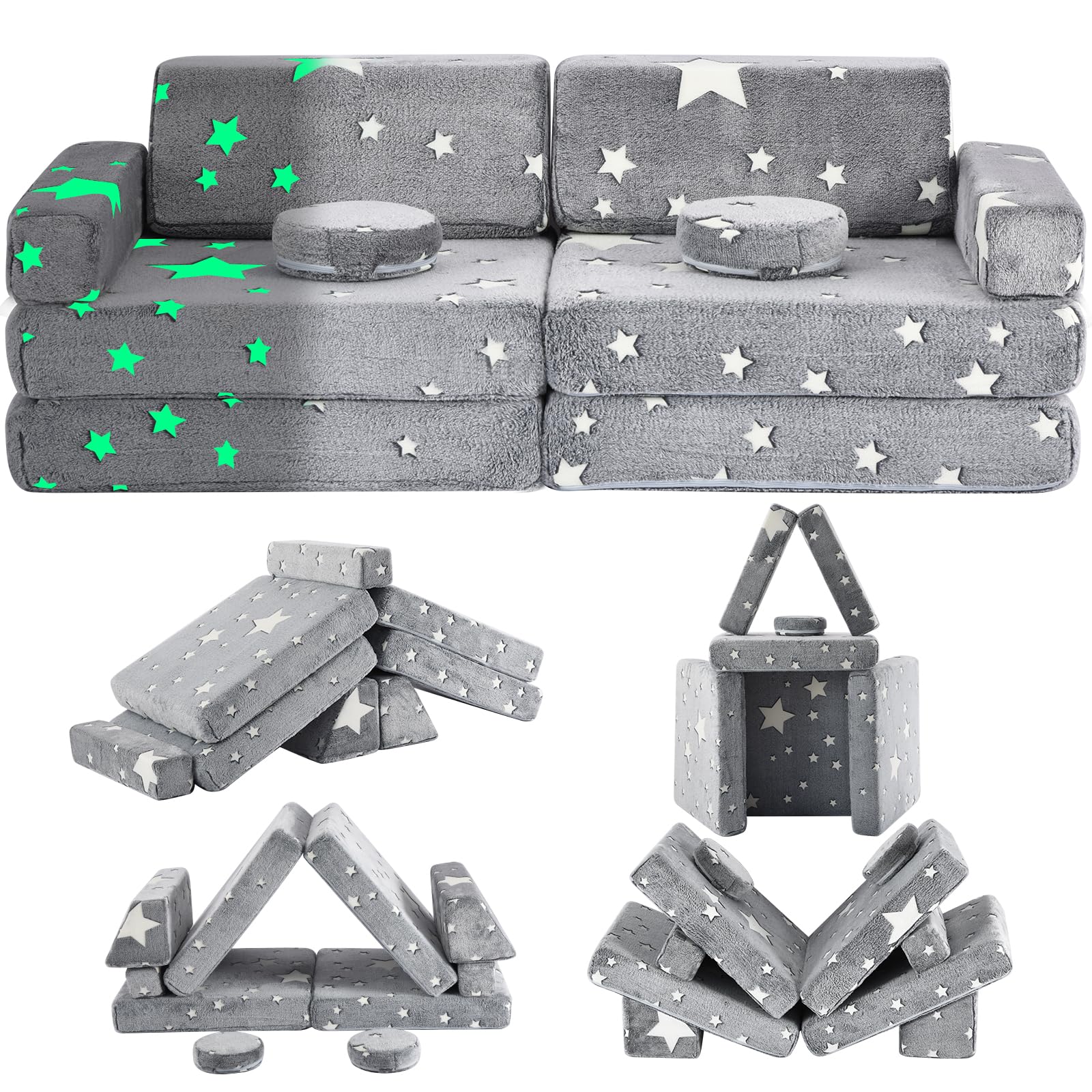 Glow in the Dark Kids Play Couch - 10 Piece Modular Foam Sofa Set for Toddlers | Convertible Playroom & Bedroom Furniture for Boys & Girls | Perfect for Indoor Playtime, Sleepovers & Imaginative Play