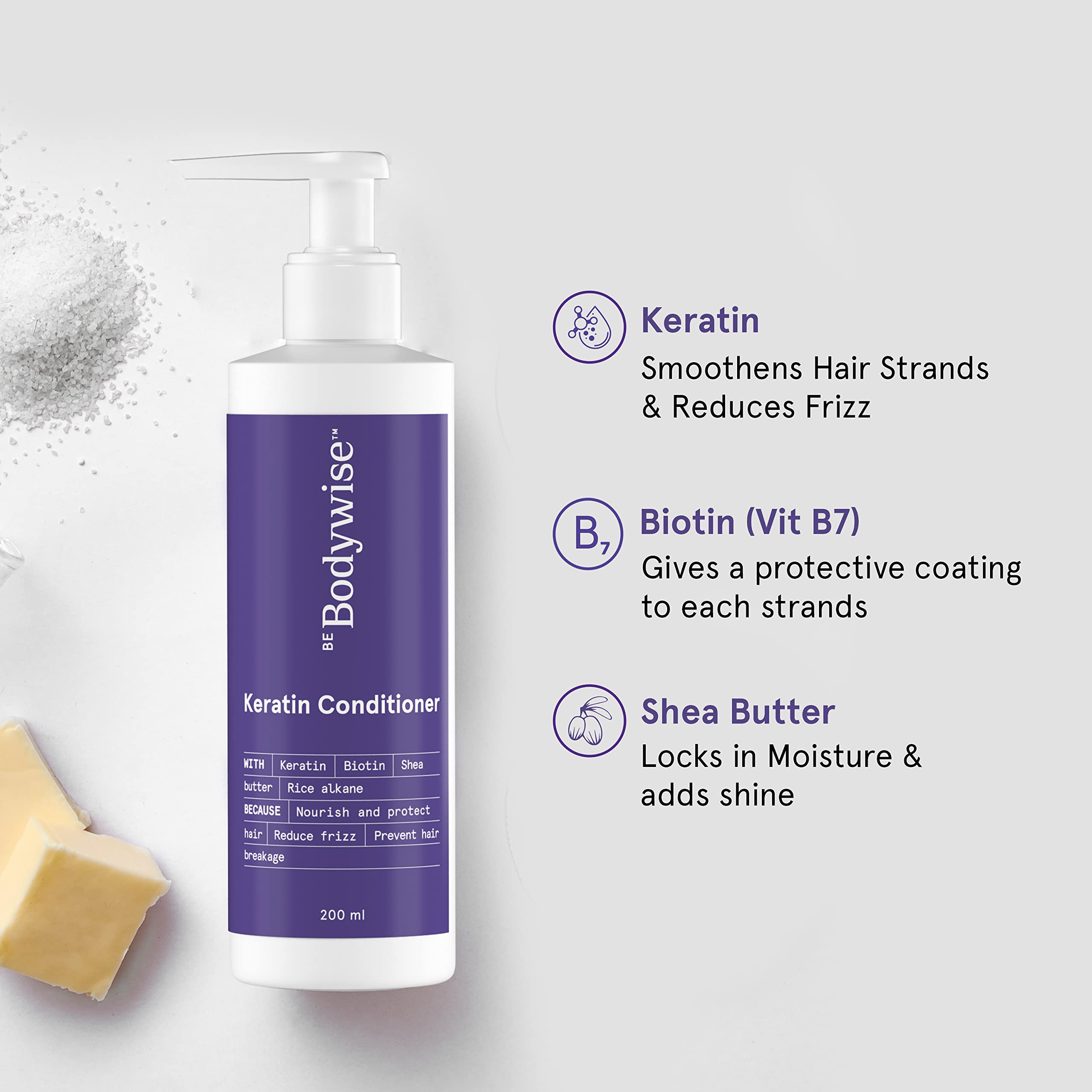 Bodywise Keratin Conditioner for Frizz Control & Moisture Lock - Paraben & SLS Free with Keratin, Silk Protein, Biotin & Shea Butter - 200ml - Perfect for Dry, Damaged Hair & Daily Hydration
