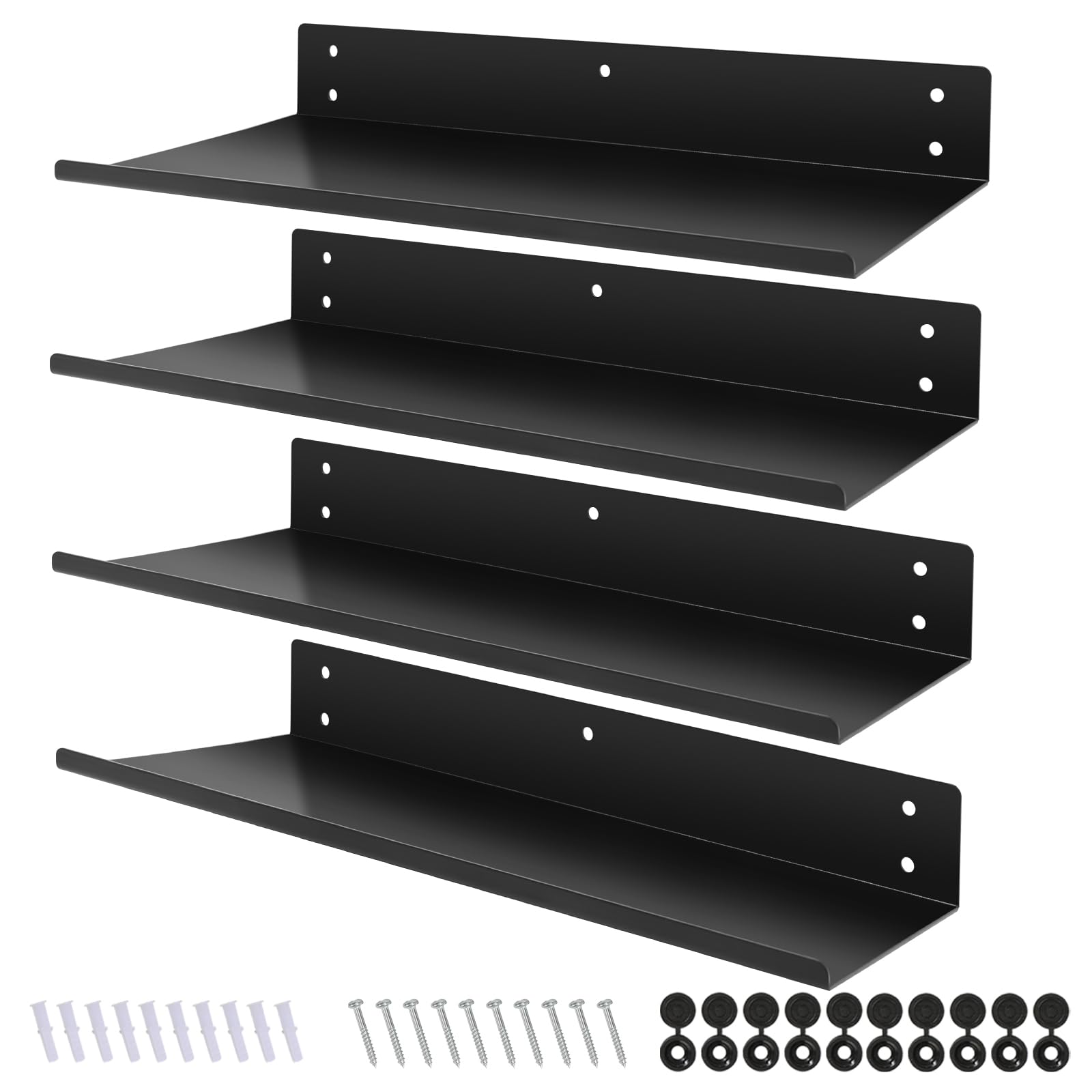 Heavy Duty Steel Pegboard Shelves - 16 x 7 Inch Wall Mounted Floating Shelves (4 Pack Black) - Perfect for Bathroom, Bedroom, Kitchen & Garage Organization - Ideal for Storing Tools, Spices, Decor & More