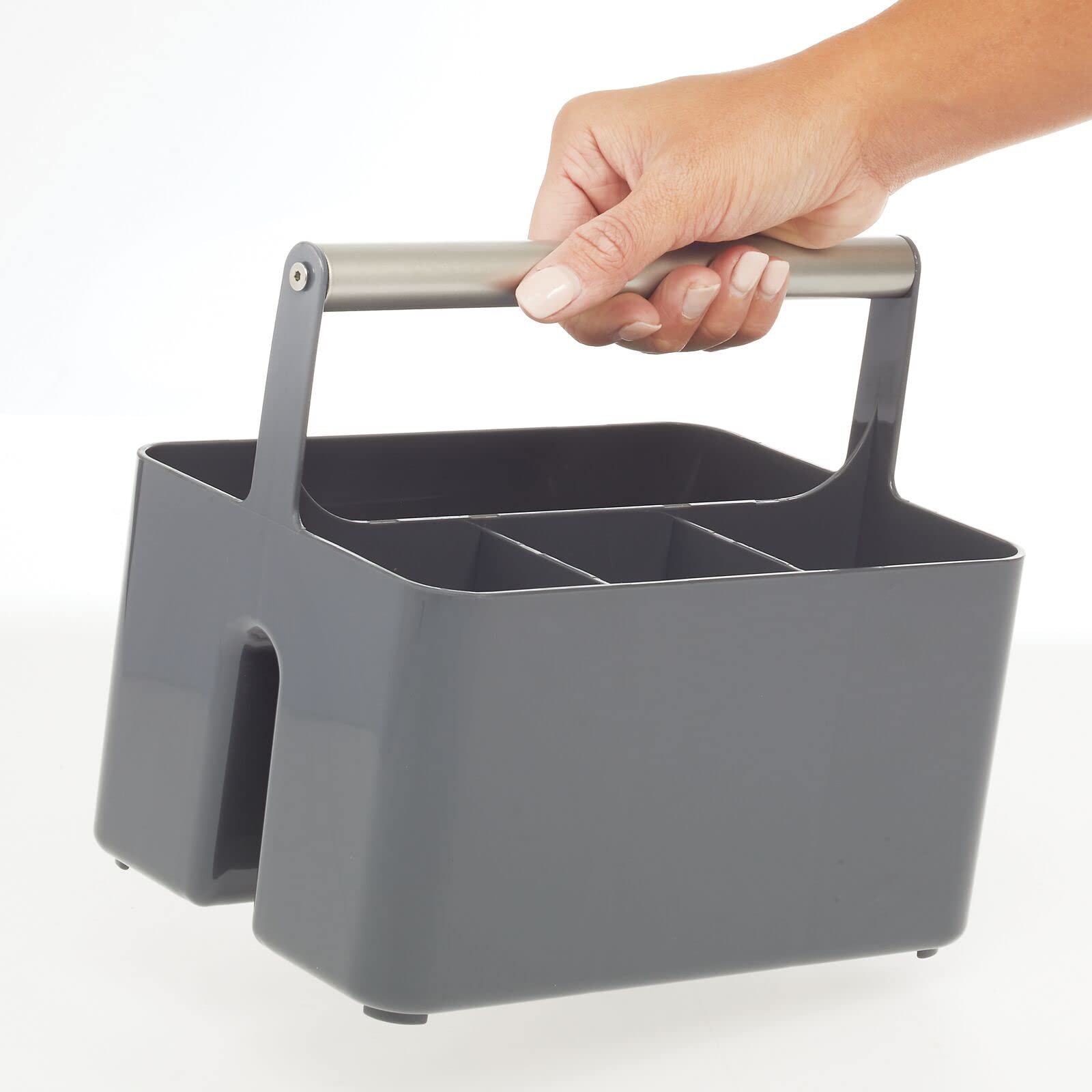 mDesign Plastic Shower Caddy Organizer with Metal Handle - Bathroom Storage Basket for Soap, Shampoo & Conditioner - Dorm & Kitchen Utility Tote - Aura Collection in Charcoal Gray/Satin - Perfect for Small Space Organization & Travel Essentials