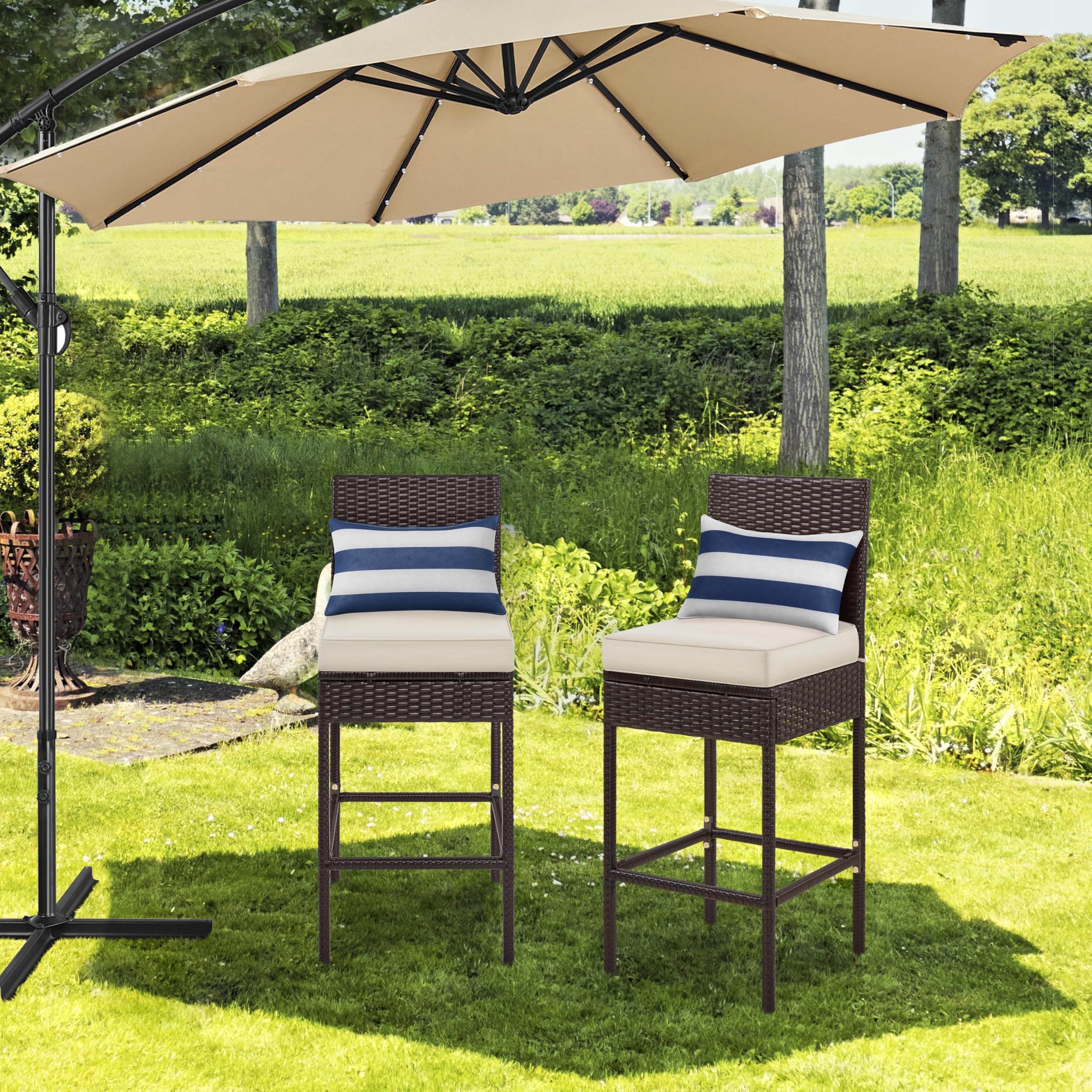 Yaheetech Set of 2 Outdoor Bar Stools - PE Rattan Bar Height Chairs with Cushions, Footrests & Backrest - 300lb Weight Capacity - Brown/Beige - Perfect for Patio, Backyard, Porch, Deck or Indoor Dining