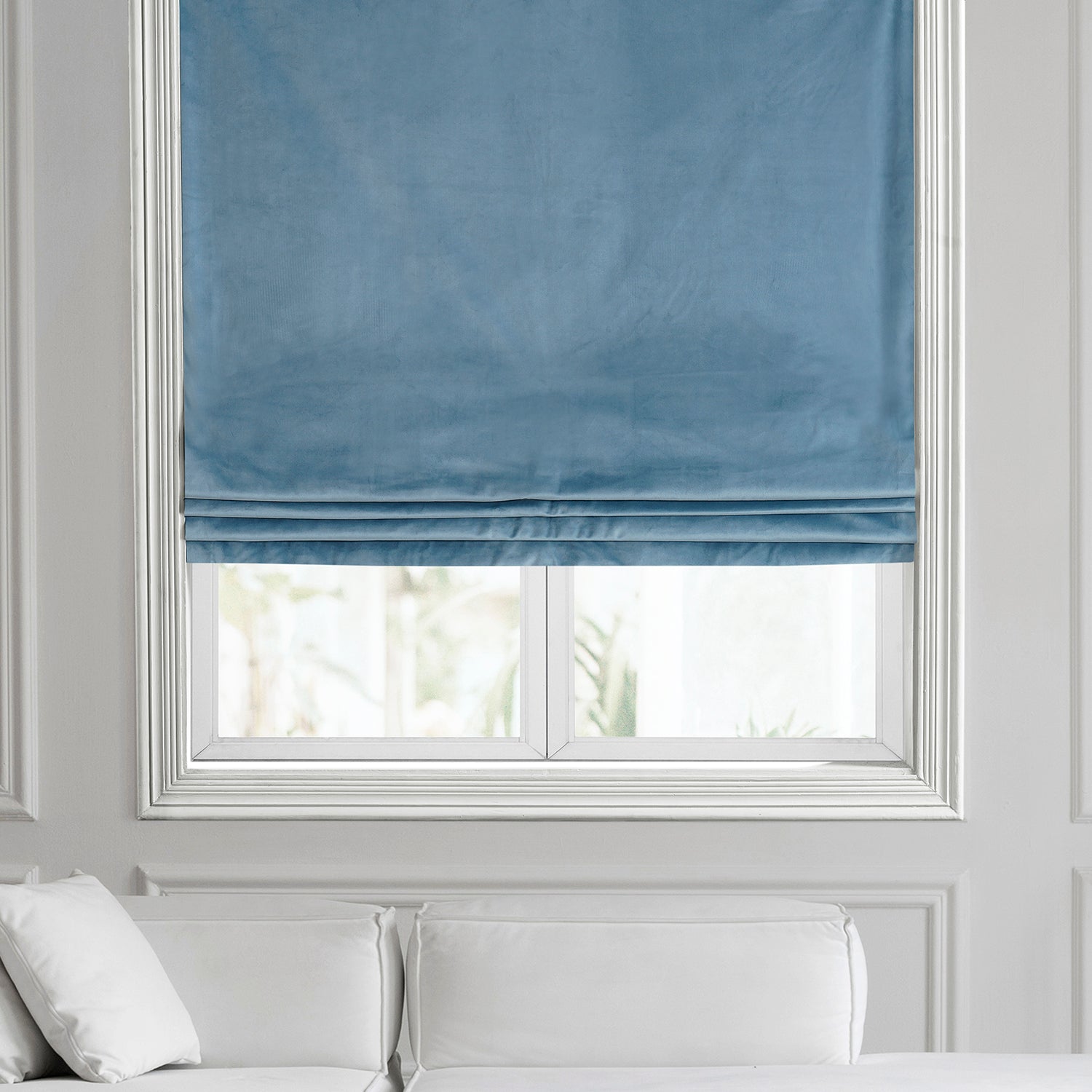 Light Blue Heritage Plush Velvet Roman Shade - Elegant Window Treatment for Living Room & Bedroom