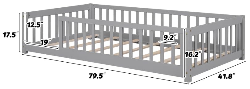 Montessori Twin Floor Bed for Kids - Solid Wood Toddler Bed Frame with Safety Guardrails, Multifunctional Low Profile Bed, Easy Assembly, Gray - Perfect for Montessori Rooms, Daycare, and Small Spaces