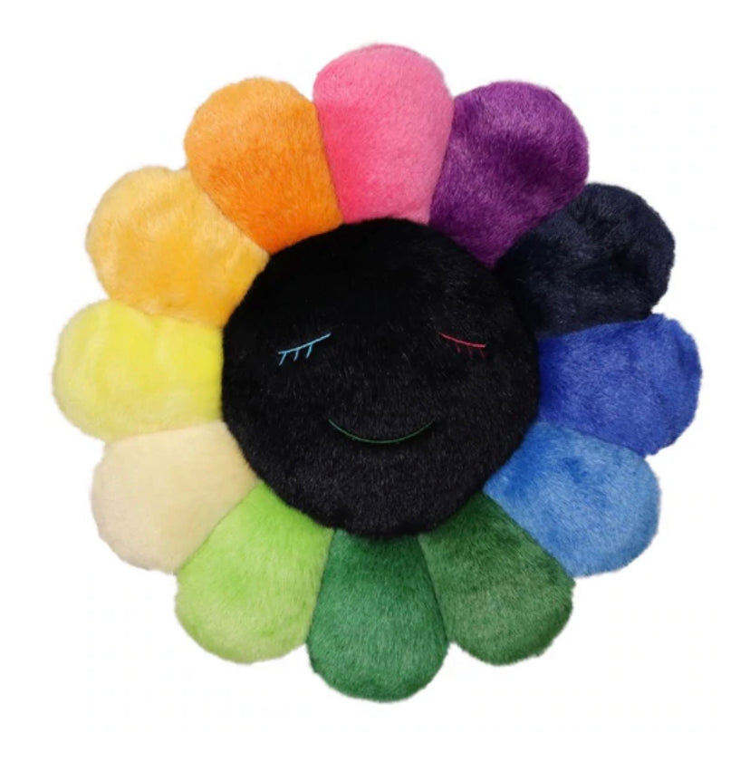 Takashi Murakami KAIKAI KIKI Flower Cushion Black Rainbow (60cm) - Modern Pop Art Home Decor for Living Room, Bedroom, and Office