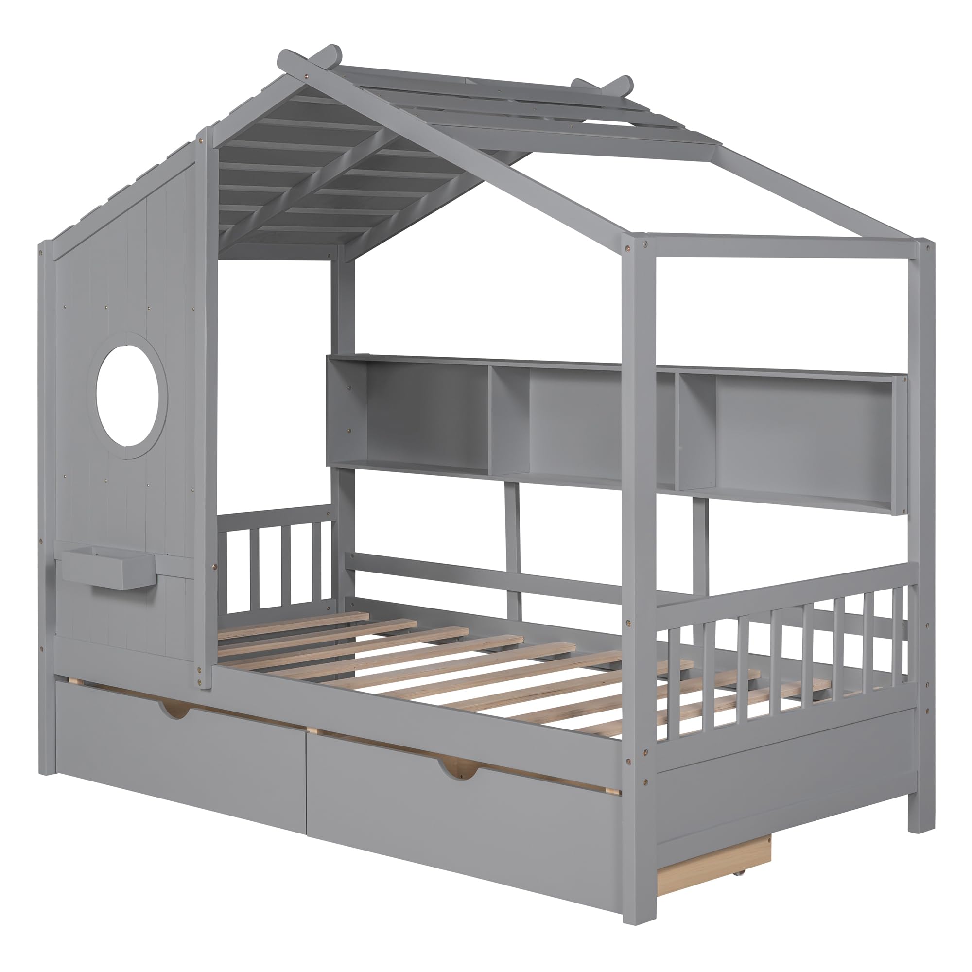 MERITLINE Twin Size Wooden House Bed for Kids with 2 Drawers & Storage Shelf - No Box Spring Needed, Sturdy Slat Support - Perfect for Small Bedrooms, Playrooms & Kids' Sleepovers (Grey)