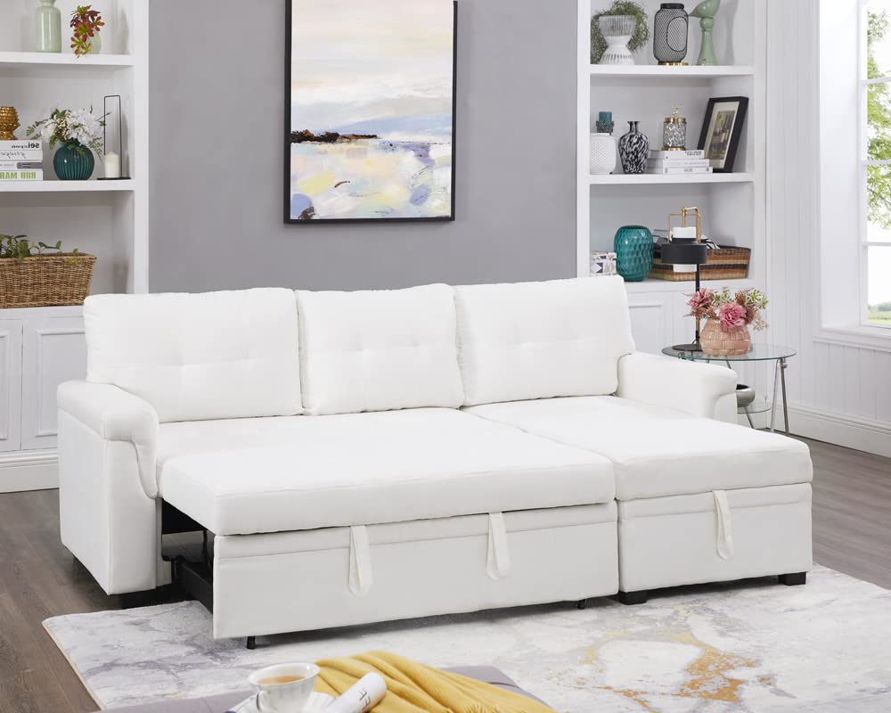 Naomi Home Jenny Sectional Sleeper Sofa with Storage Chaise - Tufted Pull-Out Couch, L-Shaped Reversible Sofa Bed in White Velvet - Perfect for Small Apartments, Guest Rooms & Cozy Living Spaces