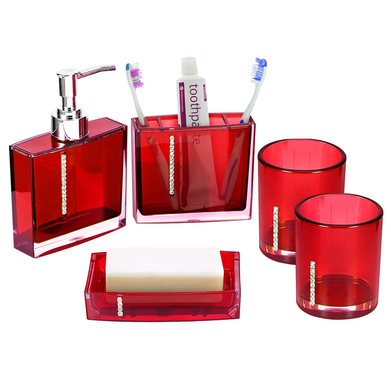 Luxury 5-Piece Red Bathroom Accessories Set - Toilet Brush, Emulsion Bottle & Toothbrush Holder for Modern Bathroom Decor | Perfect for Home, Hotel, and Spa Use
