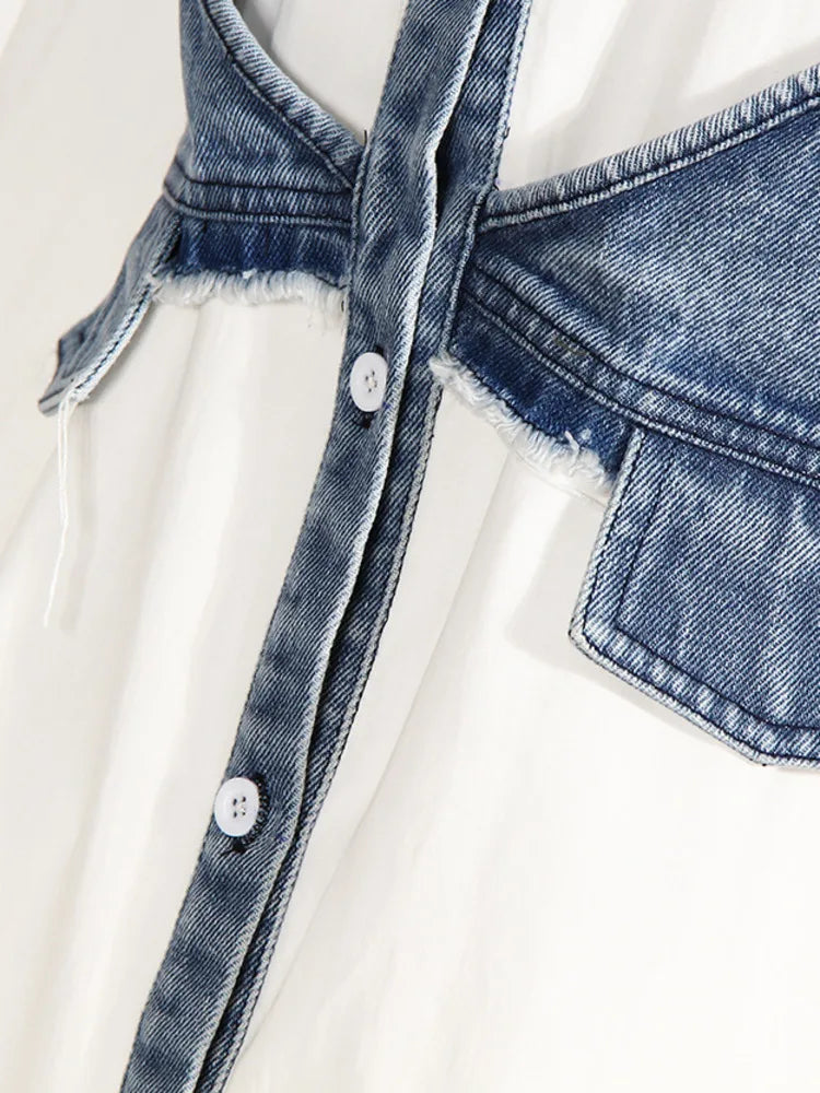 DEAT Fashion Women's Denim Shirt - Lapel Loose Fit Hollow Out Design Single Breasted Blouse with Denim Splice Fake Two Piece Look | Summer Casual Wear for Outings, Work & Date Nights