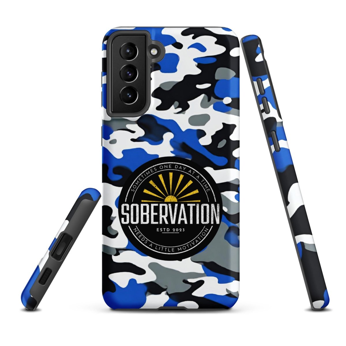 Sobervation Blue Camo Samsung Galaxy Phone Case - Durable Protective Cover for Samsung S23/S22/S21 - Perfect for Recovery & Sober Living Support