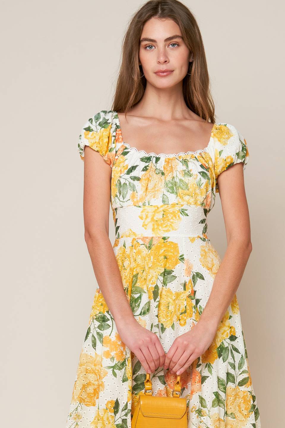 Garden of Dreams Yellow Eyelet Midi Dress - Perfect for Summer Weddings, Beach Vacations & Casual Outings