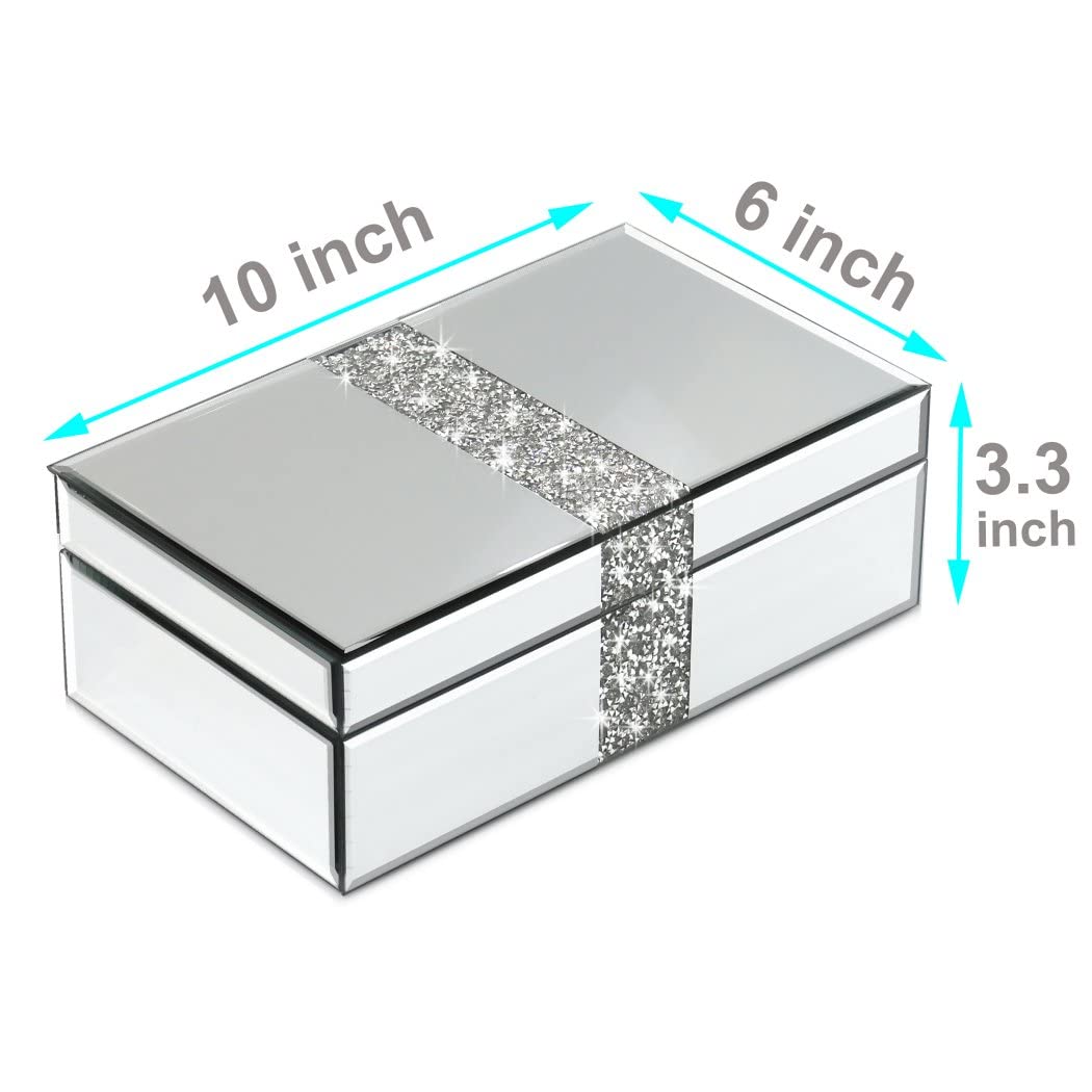 Luxury Silver Bling Crushed Diamond Glass Mirrored Jewelry Box - Women's Jewelry Organizer & Storage Box - Perfect Gift for Birthdays, Anniversaries & Bridal Showers