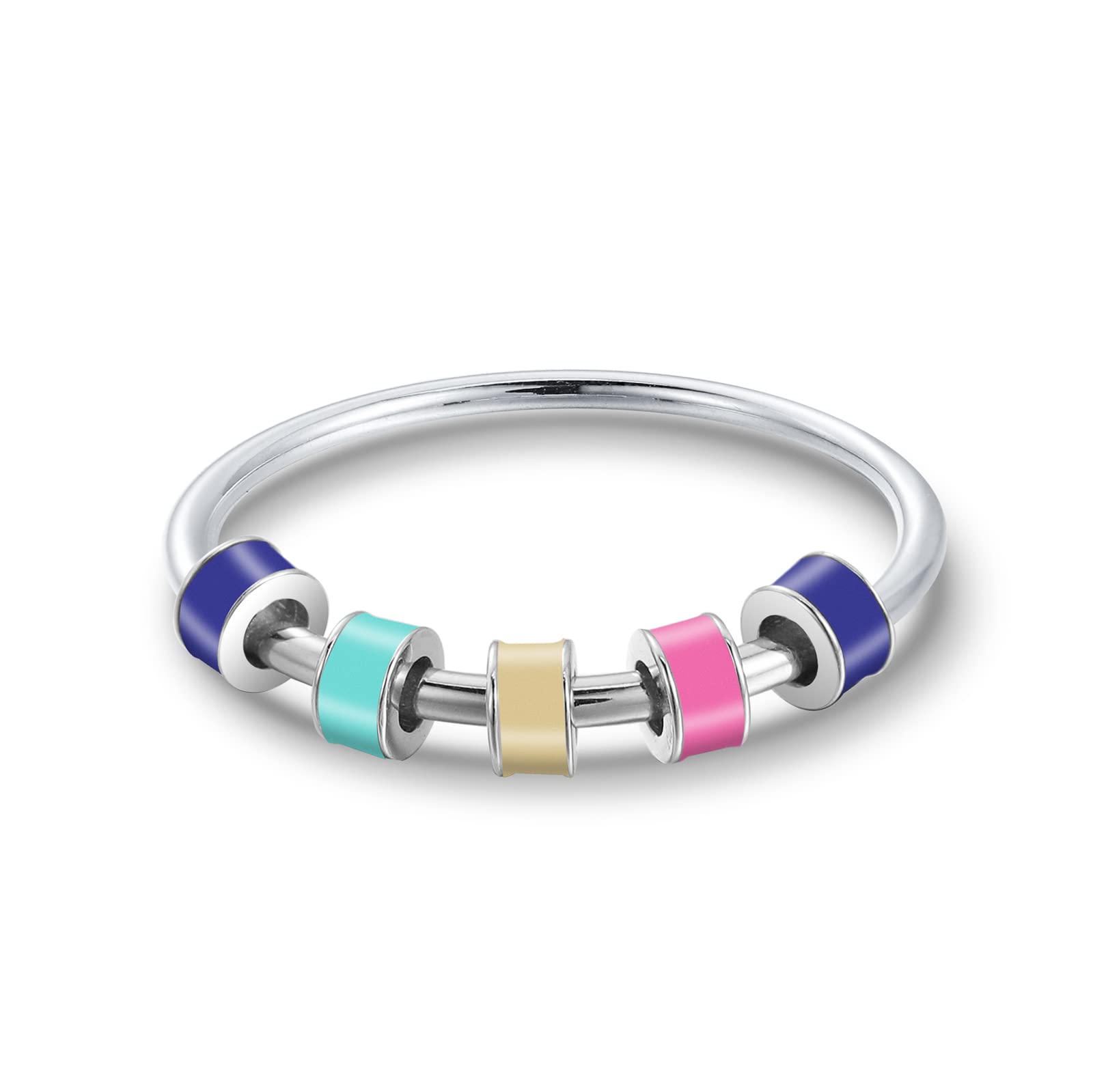 LOVECOM 925 Sterling Silver Fidget Ring for Anxiety Relief - Colorful Enamel Beads Spinner Ring for Women & Men - Stress Relief Jewelry with Rotating Design - Perfect for Christmas Gifts, Office Use, and Daily Wear to Reduce Anxiety