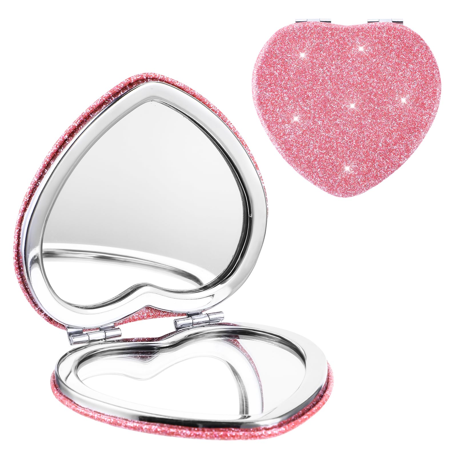 Heart Shaped Compact Mirror for Women - Double Sided 1x/2x Magnifying Pocket Mirror, Portable Vanity Mirror for Purse, Handbag, Wallet, Travel, Home & Office Use (Pink, Cute Mini Design)