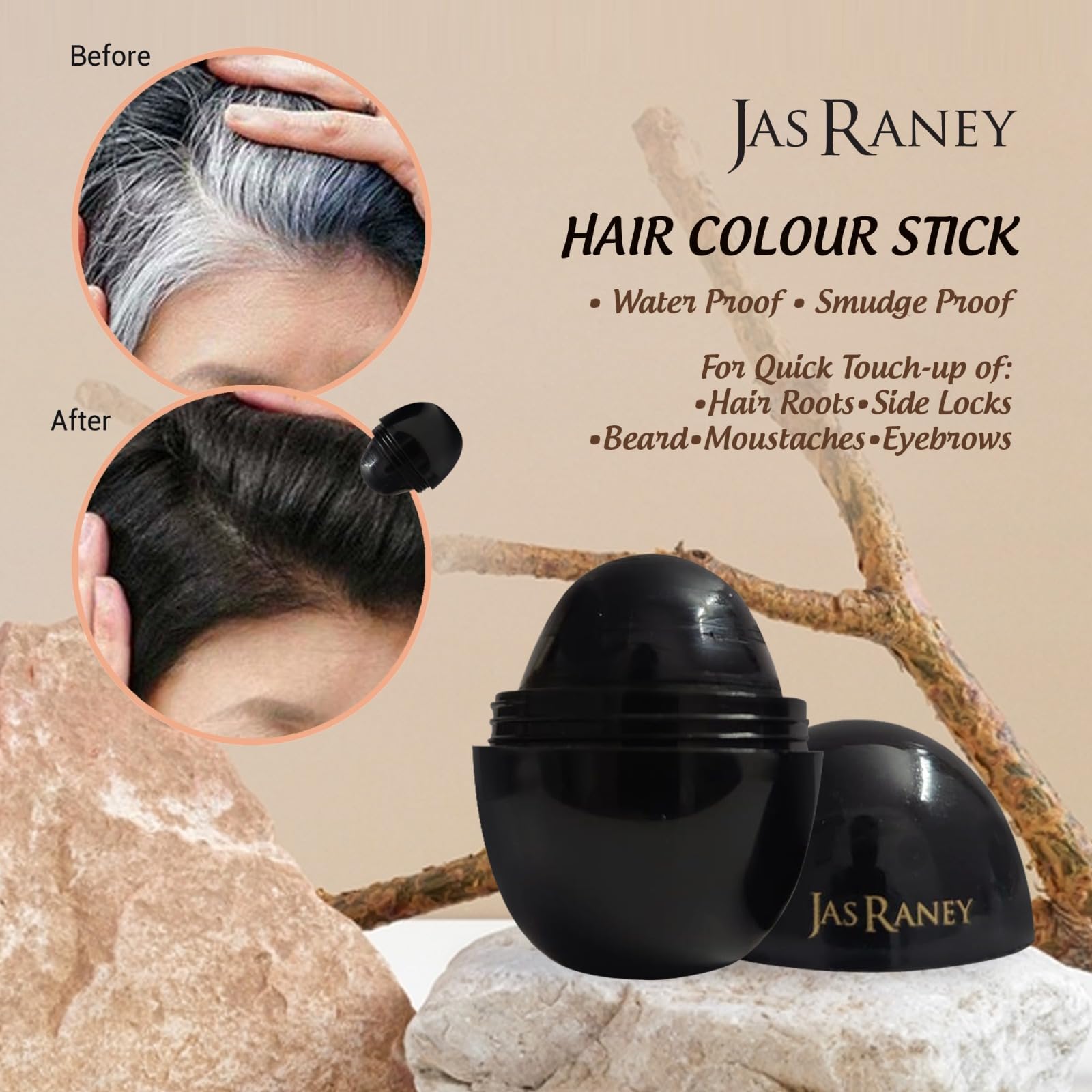 Jas Raney Semi-Permanent Hair Color Stick - True Hair Tone & Instant Touch Up for Side Locks, Beard & Eyebrows (20g) | Quick & Easy Hair Dye for Men & Women | Perfect for Travel, Touch-Ups & Styling