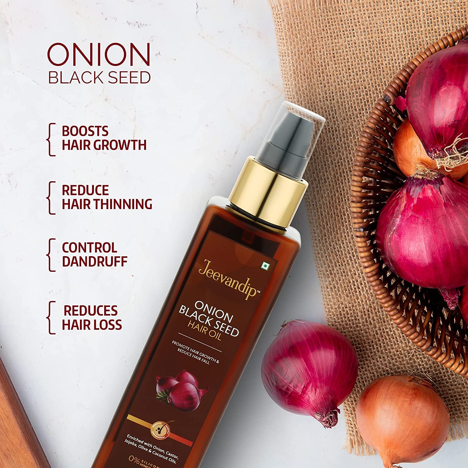 Jeevandip Advanced Black Seed & Onion Hair Oil for Hair Growth - Reduces Hair Fall with Natural Ingredients, Vitamin E - Promotes Thicker, Healthier Hair (200ml) - Ideal for Daily Scalp Massage & Damaged Hair Repair