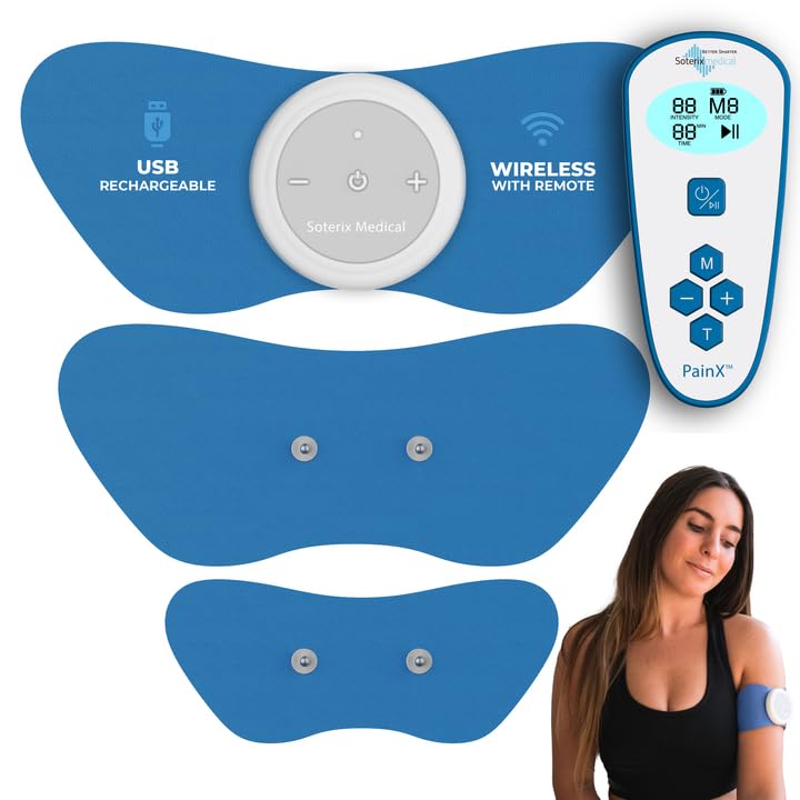 PainX Wireless TENS Unit & EMS Muscle Stimulator for Back Pain Relief - Rechargeable Electrode Pads with Remote Control for Neck, Knee, Face Pain - Portable Pain Relief Device for Home, Office & Travel Use