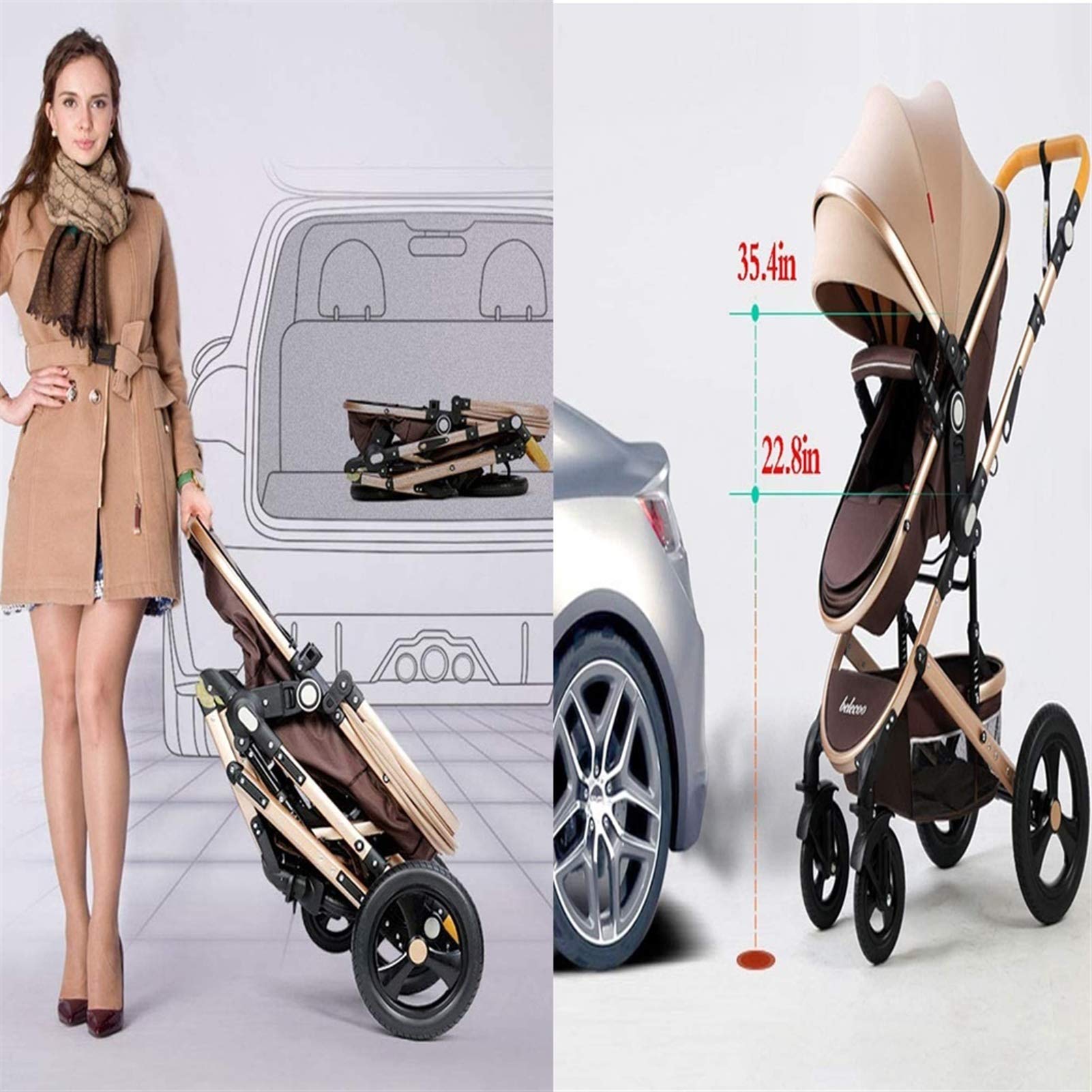 2-in-1 Convertible Baby Stroller with Reversible Bassinet | Foldable Aluminum Alloy Pushchair | Infant Pram & High Landscape Carriage (Gold) - Perfect for Newborns, Travel & Daily Walks
