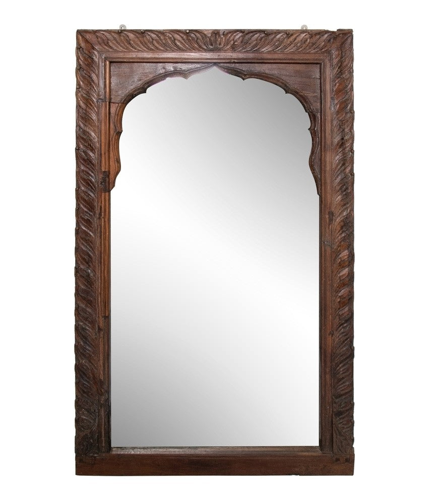 Hand Carved Indian Arched Window Frame Mirror - Brown Wooden Wall Decor for Living Room, Bedroom & Entryway - Boho Home Decor & Unique Gift Idea