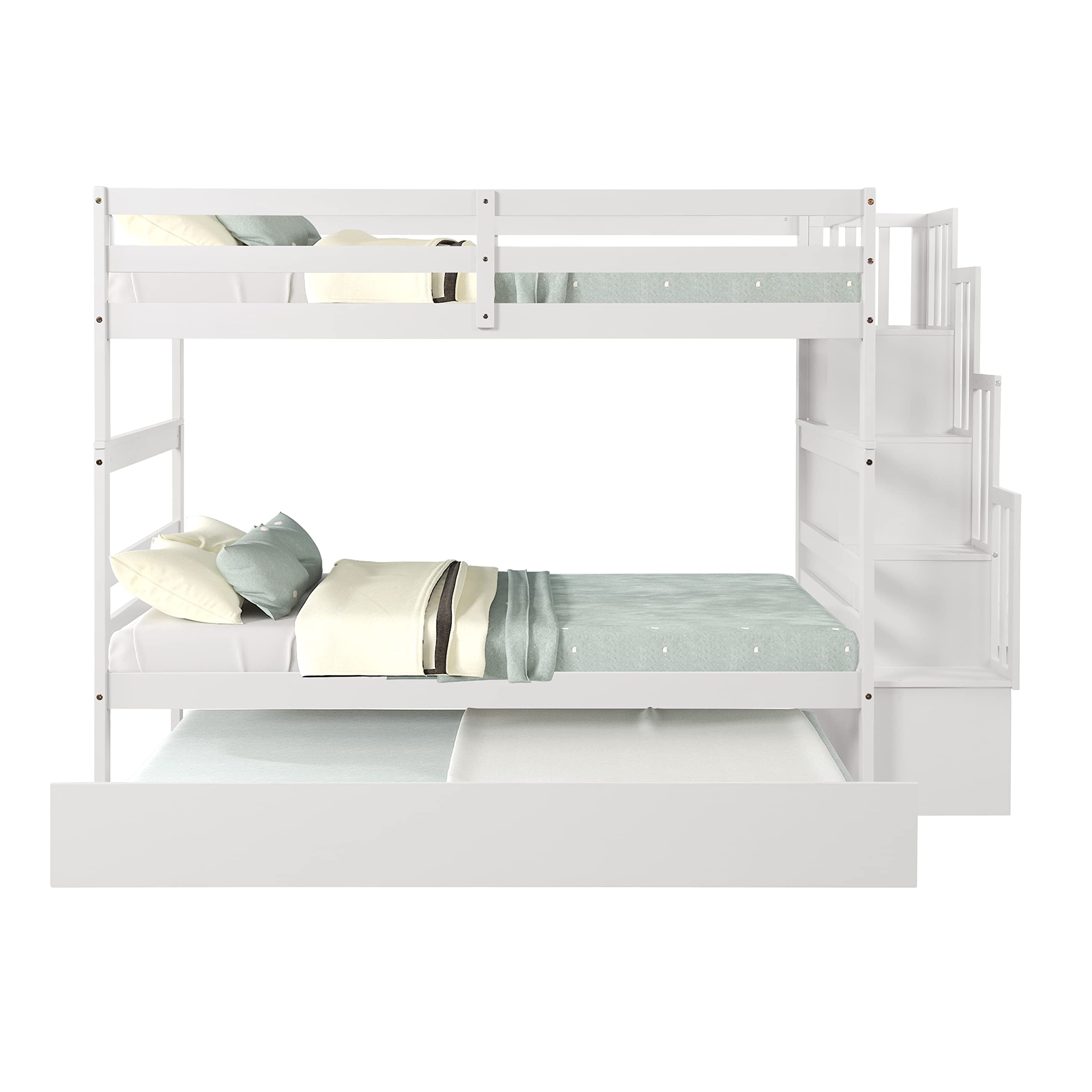 Harper & Bright Designs Twin Over Twin Solid Wood Bunk Bed with Staircase, Trundle & Storage Shelf - No Box Spring Needed - Perfect for Kids, Teens & Adults (White) - Ideal for Small Bedrooms, Guest Rooms & Vacation Homes