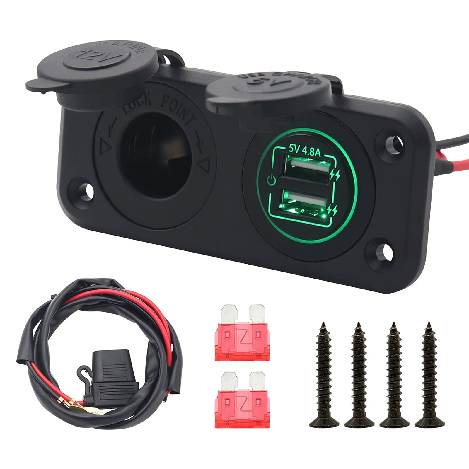 Aramox 5V 4.8A Fast USB Car Charger with Green LED Light & Touch Switch - Cigarette Lighter Adapter & 3.3ft Power Cable - Perfect for Road Trips, Commuting & Charging Phones in Your Vehicle