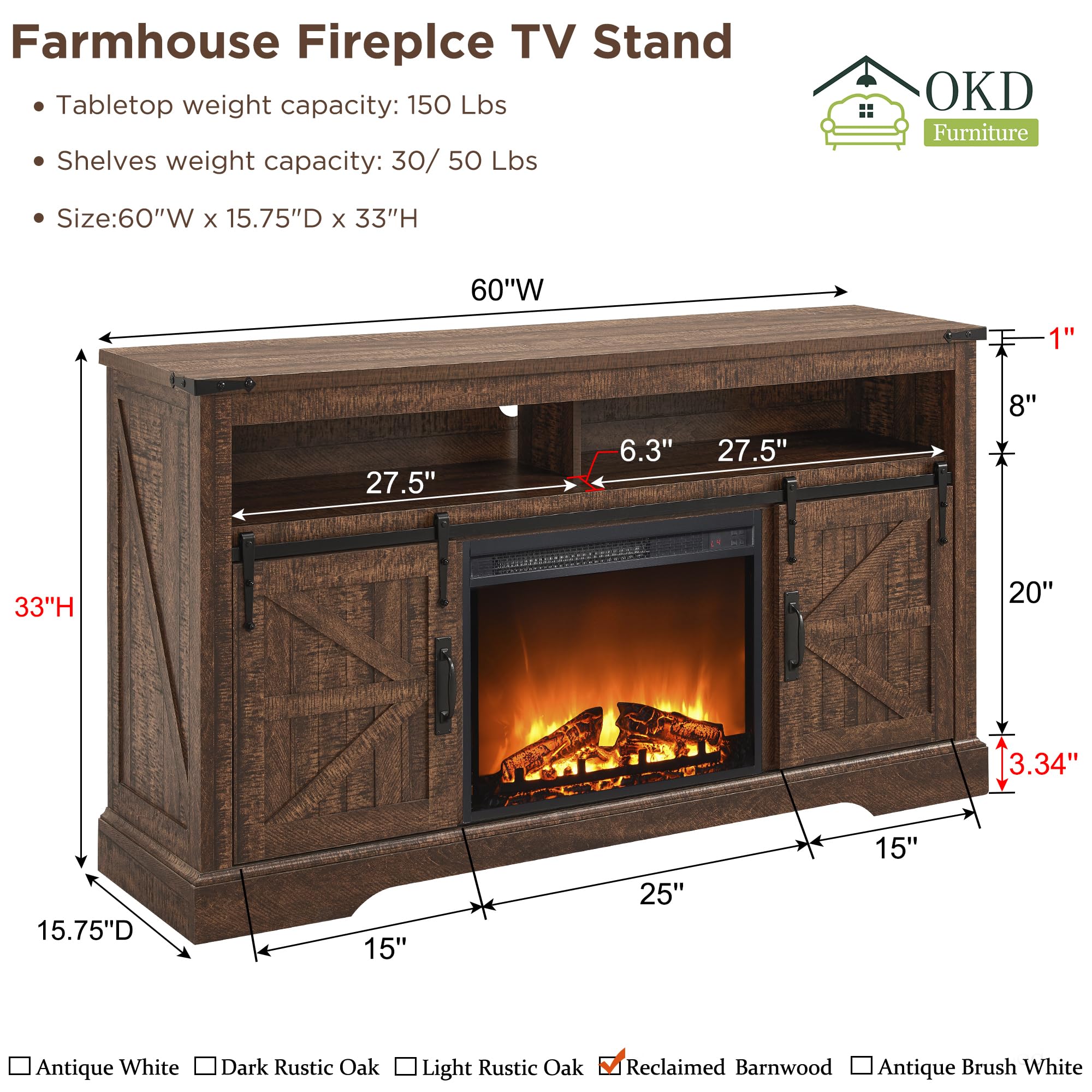 OKD 65+ Inch Fireplace TV Stand - 33